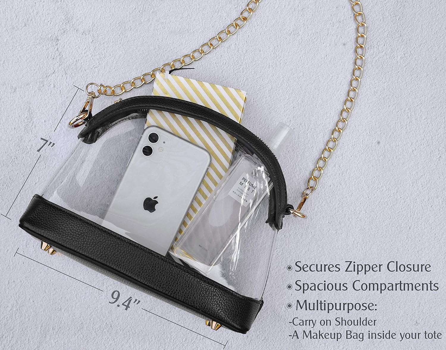 image:imageClear Cross Body Bag with Vegan Leather Trim Stadium Approved Women Shoulder HandbagBlack