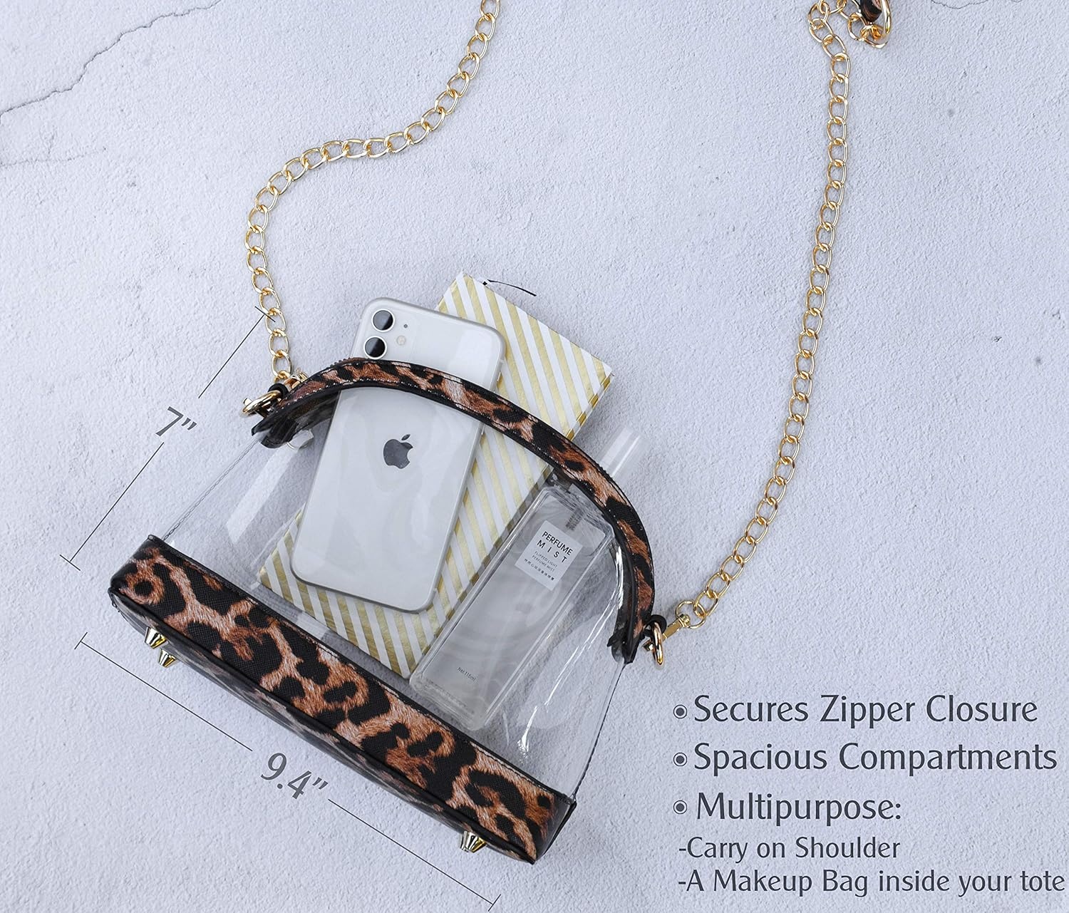 image:imageClear Cross Body Bag with Vegan Leather Trim Stadium Approved Women Shoulder HandbagLeopard Print