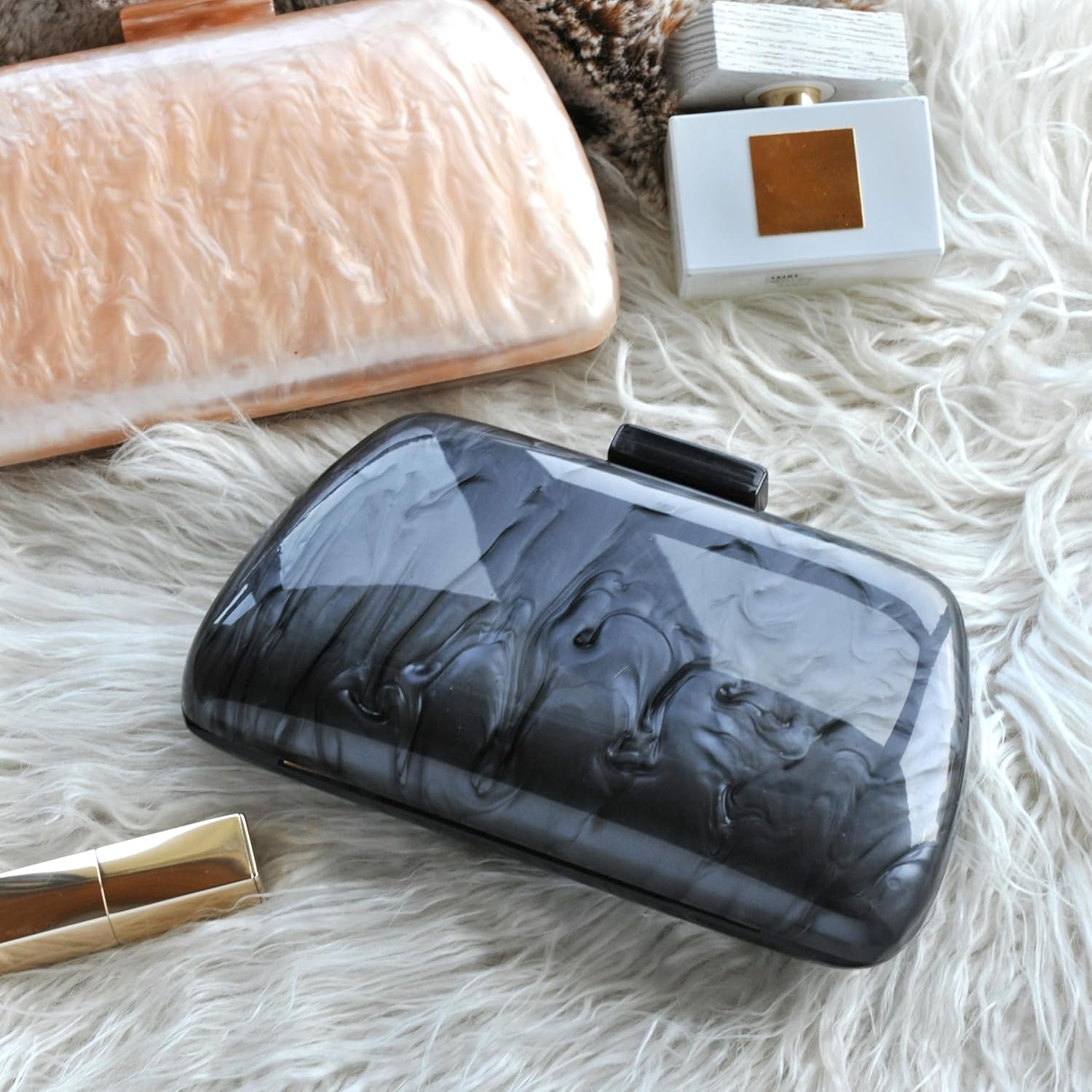 image:imageHOXIS Acrylic Evening Clutch Bag with Detachable Chain Strap Womens Marble Purse for Wedding Cocktail Prom PartyBlackgray