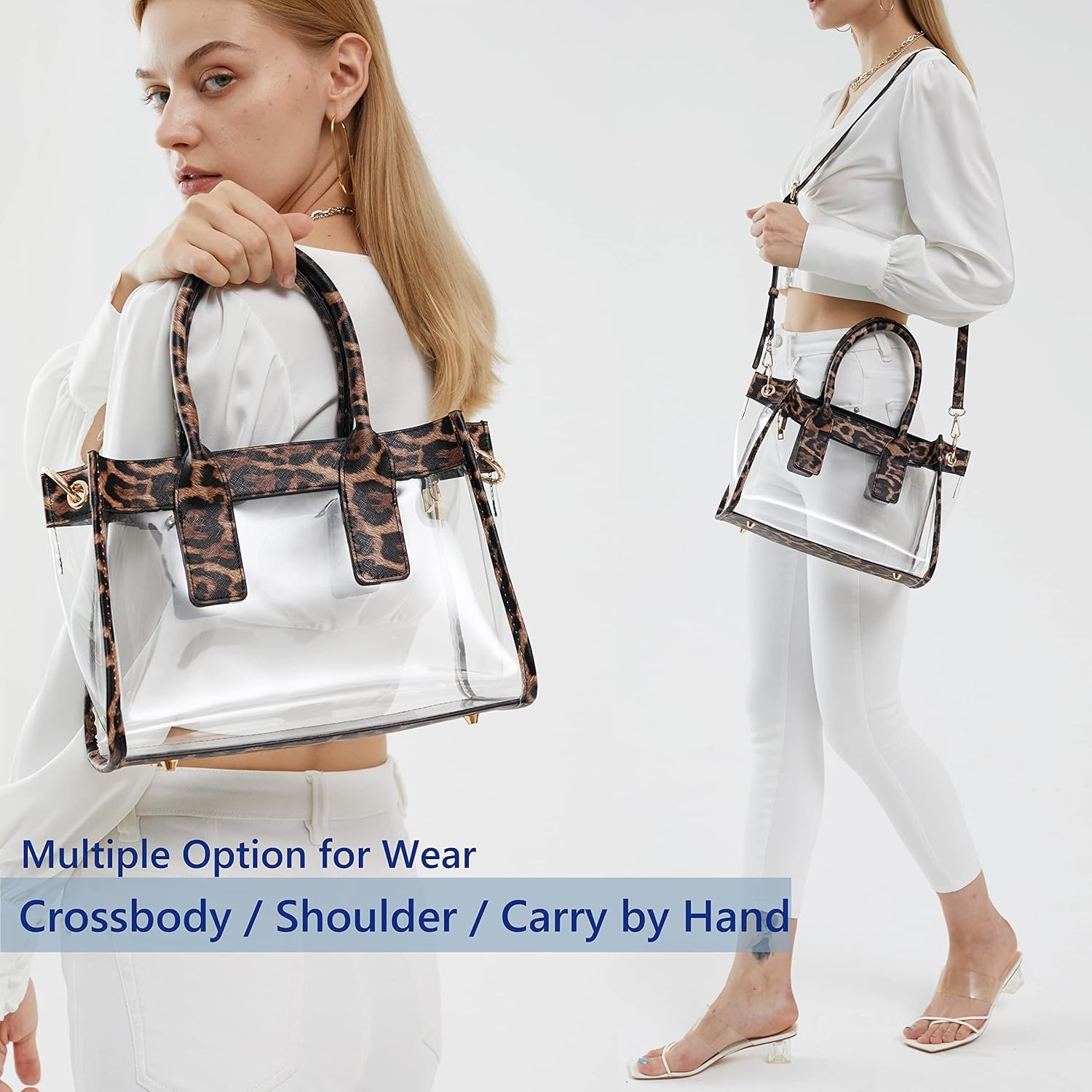 image:imageHOXIS Clear PVC Women Satchel Transparent Shoulder Handbag with Vegan Leather Trim Stadiums Approved PurseIvory