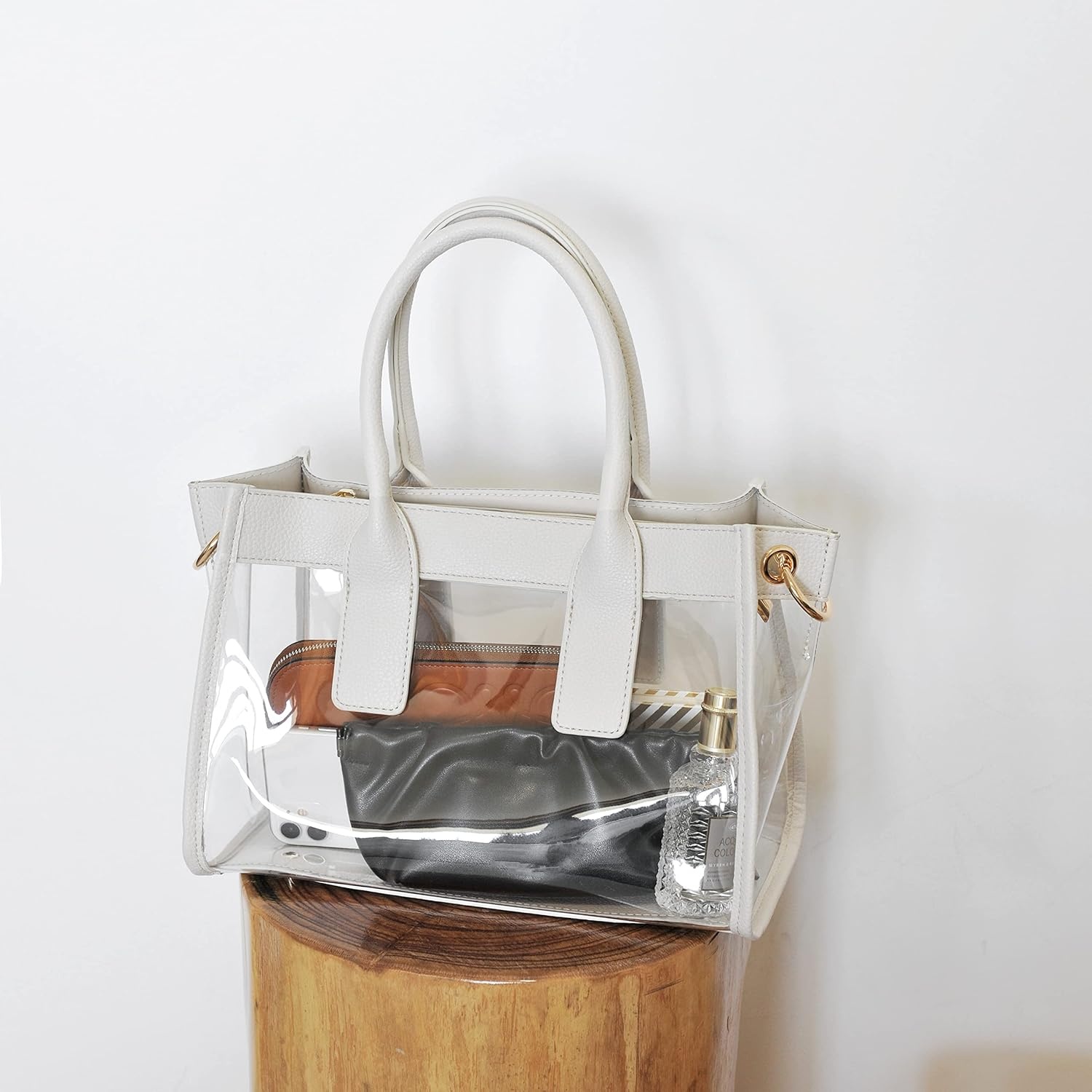 image:imageHOXIS Clear PVC Women Satchel Transparent Shoulder Handbag with Vegan Leather Trim Stadiums Approved PurseIvory