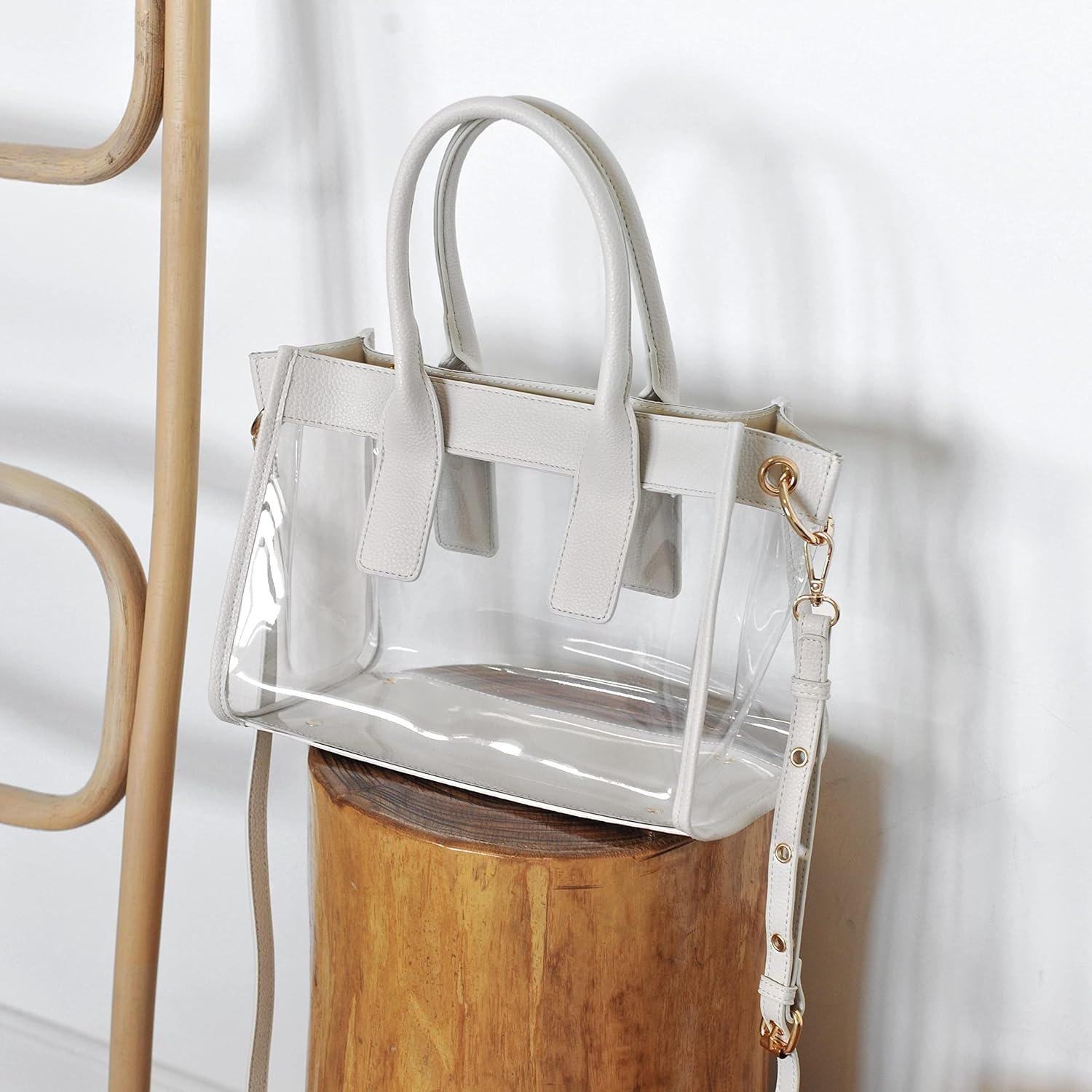 image:imageHOXIS Clear PVC Women Satchel Transparent Shoulder Handbag with Vegan Leather Trim Stadiums Approved PurseIvory