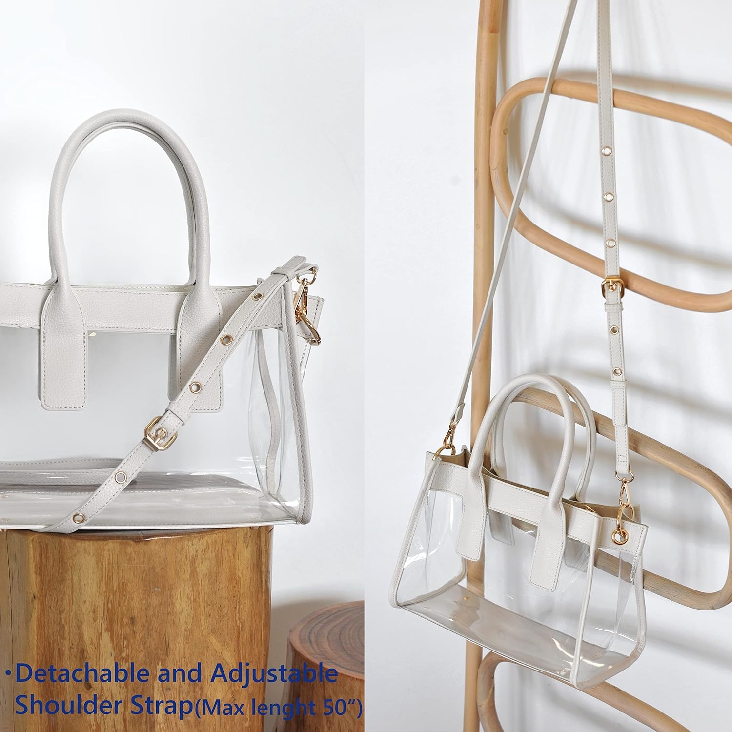 image:imageHOXIS Clear PVC Women Satchel Transparent Shoulder Handbag with Vegan Leather Trim Stadiums Approved PurseIvory
