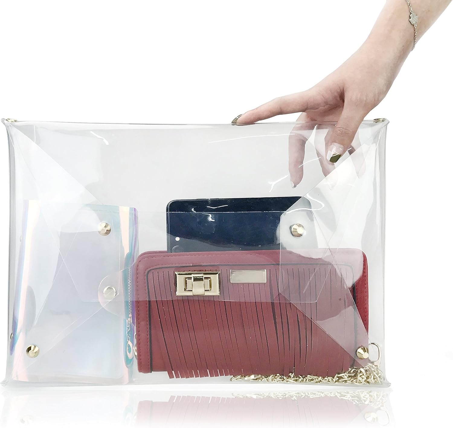 image:imageHOXIS Large Size PVC Clear Envelope Clutch Gold Chain Crossbody Bag Womens PurseClear