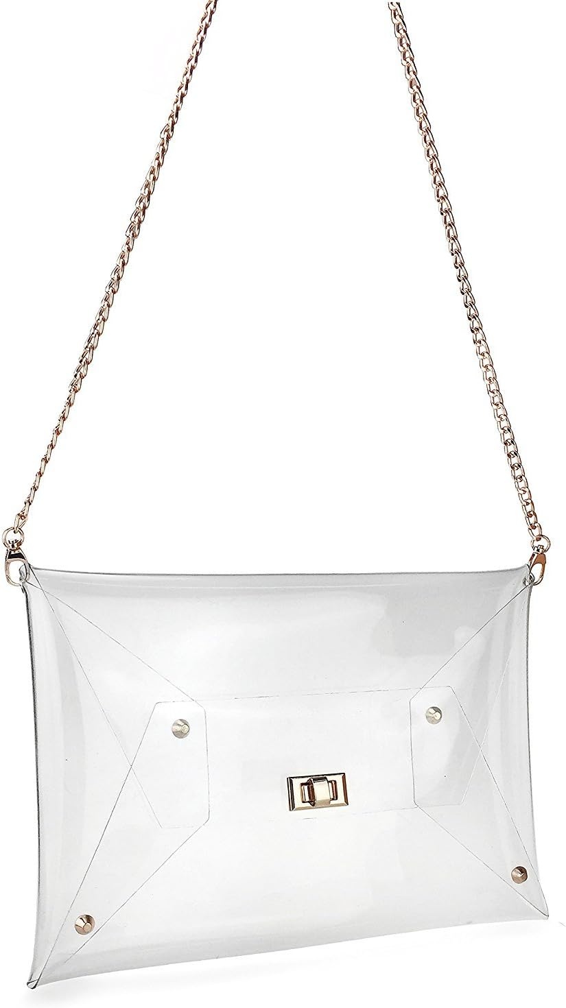 image:imageHOXIS Large Size PVC Clear Envelope Clutch Gold Chain Crossbody Bag Womens PurseClear
