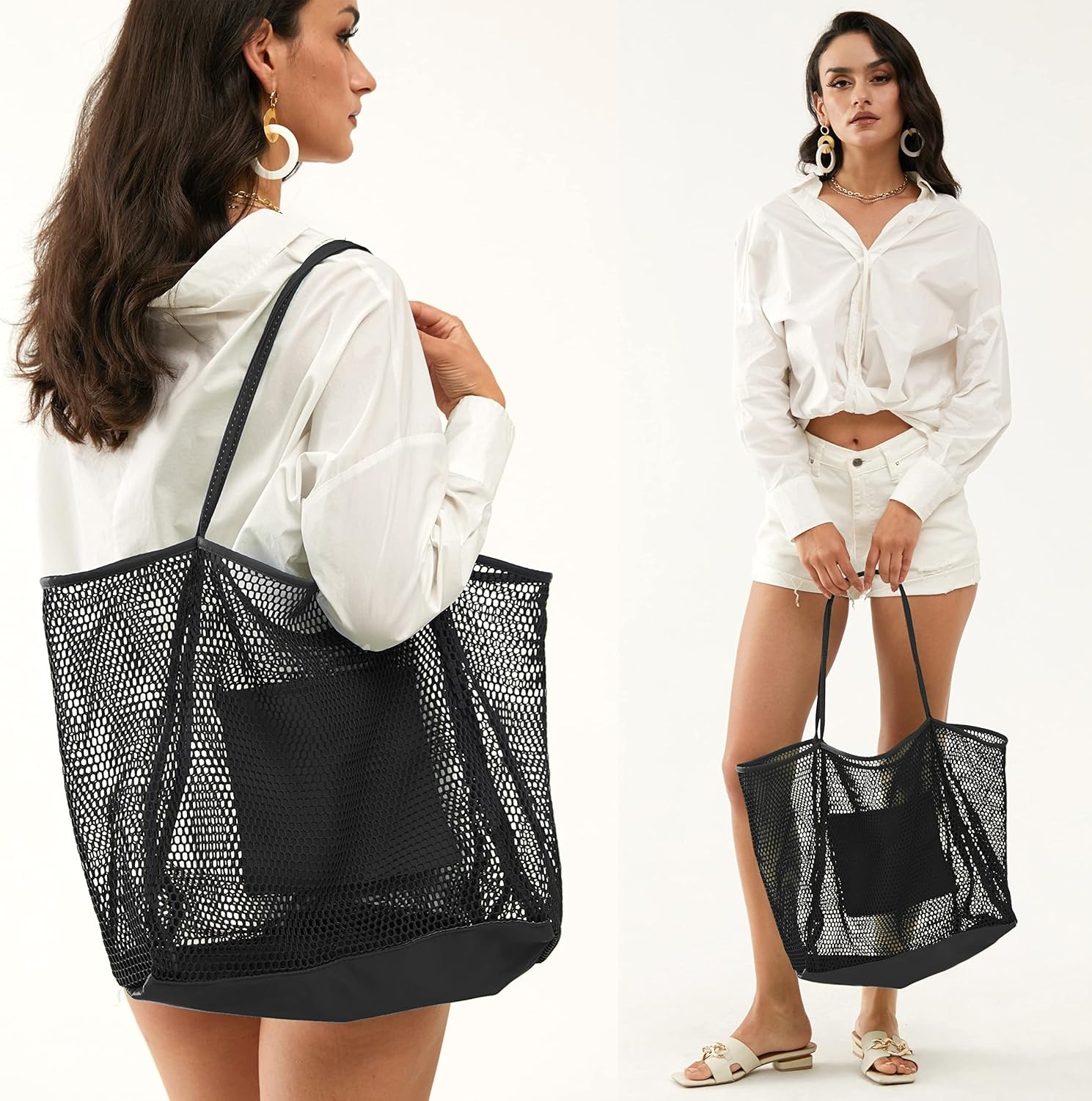 image:imageHOXIS Mesh Beach Tote Womens Shoulder HandbagBlack