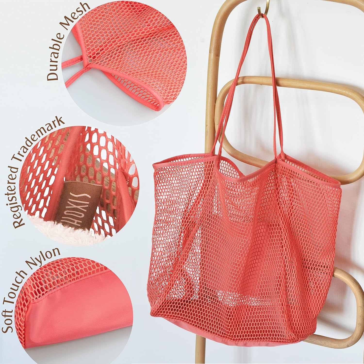 image:imageHOXIS Mesh Beach Tote Womens Shoulder HandbagCoral