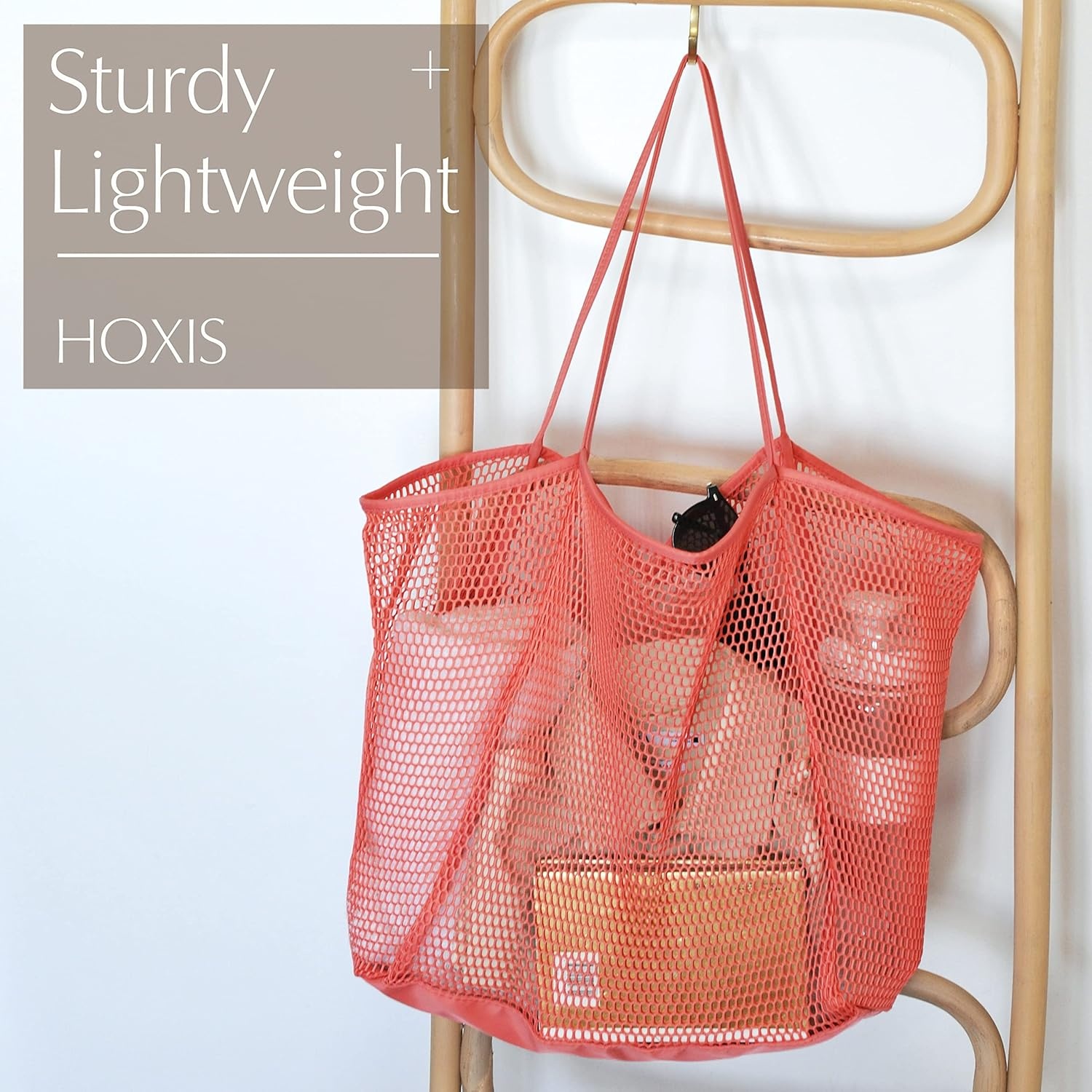 image:imageHOXIS Mesh Beach Tote Womens Shoulder HandbagCoral