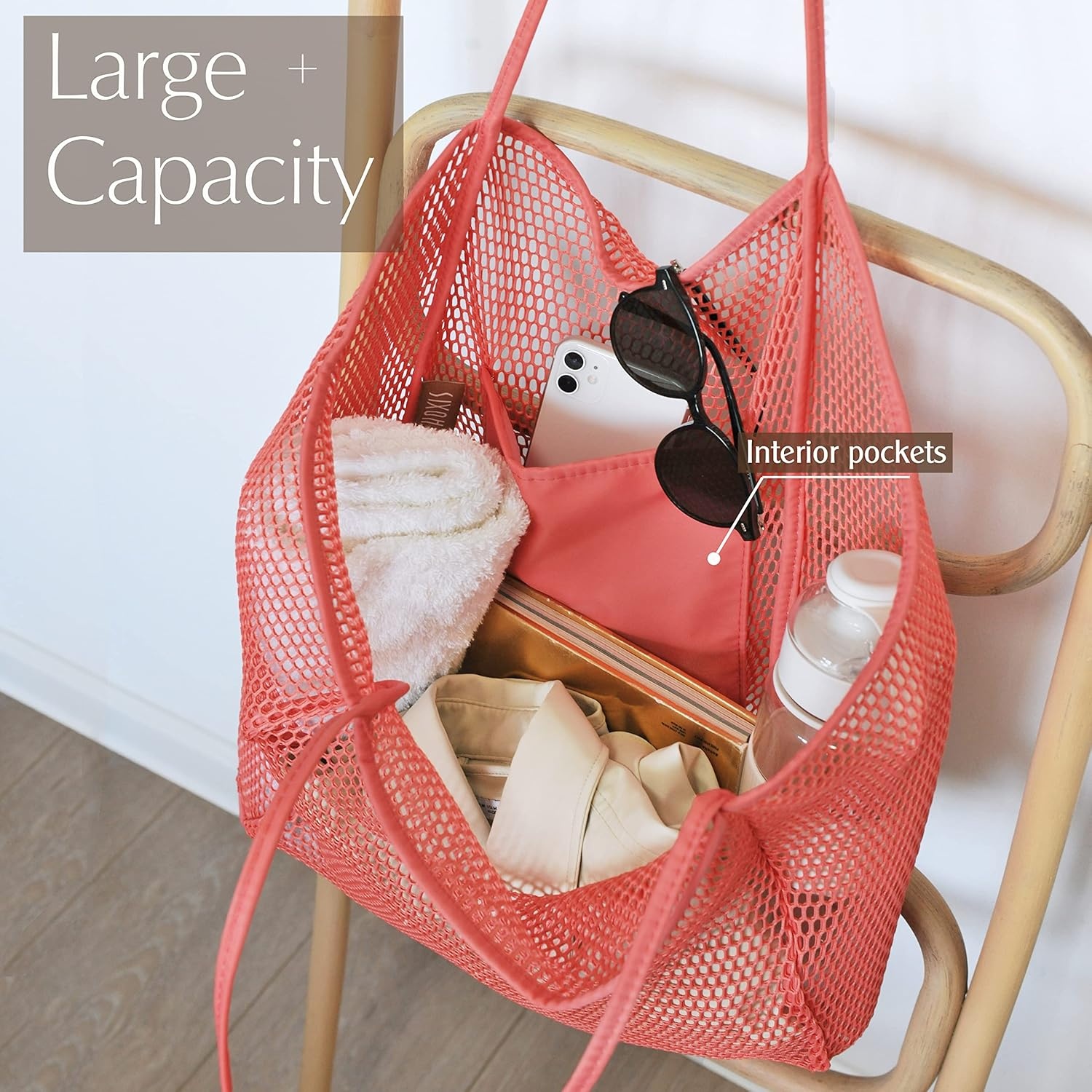 image:imageHOXIS Mesh Beach Tote Womens Shoulder HandbagCoral