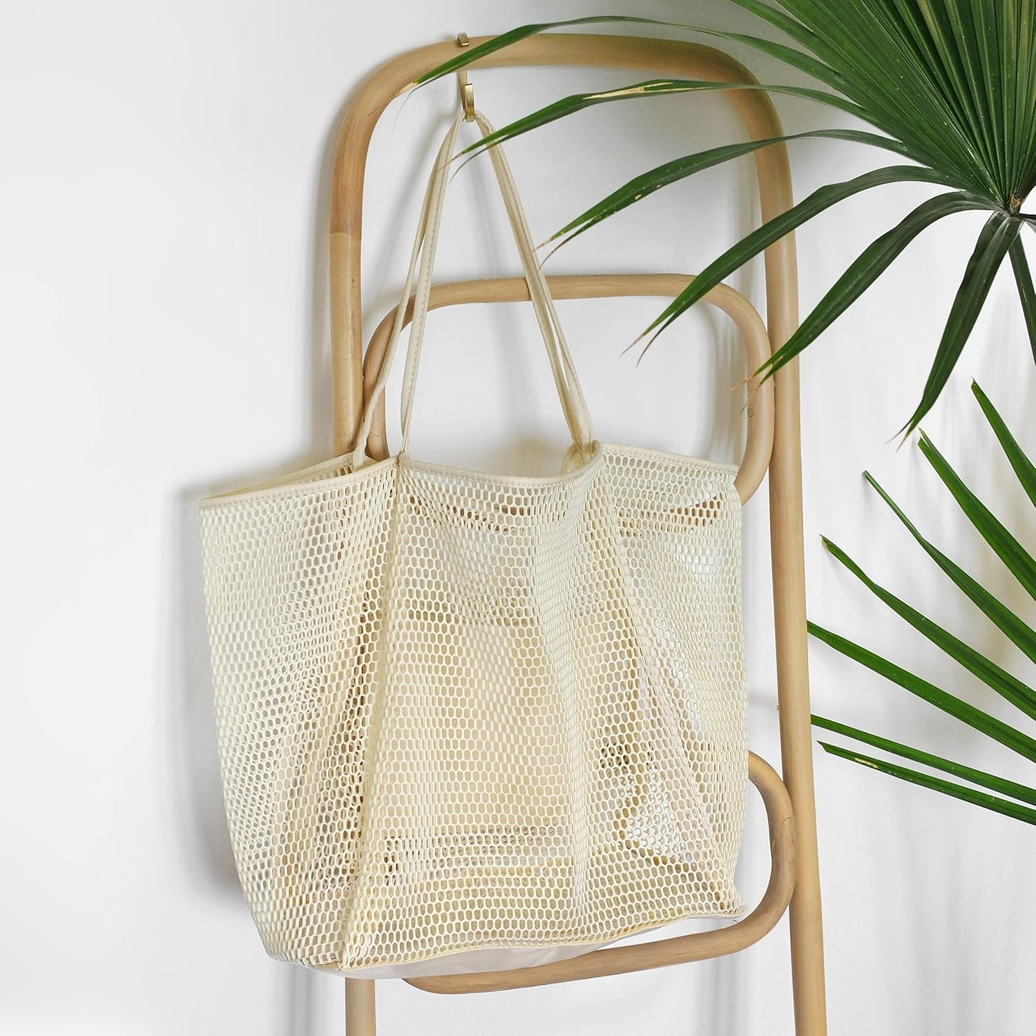 image:imageHOXIS Mesh Beach Tote Womens Shoulder HandbagCreambeige