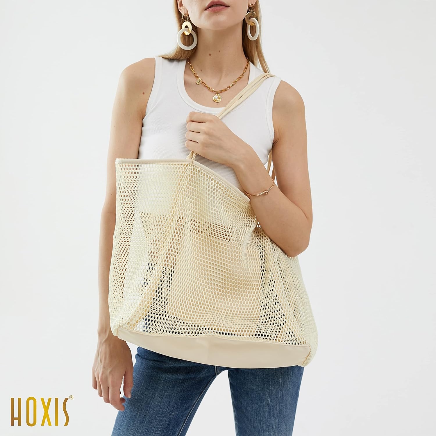 image:imageHOXIS Mesh Beach Tote Womens Shoulder HandbagCreambeige