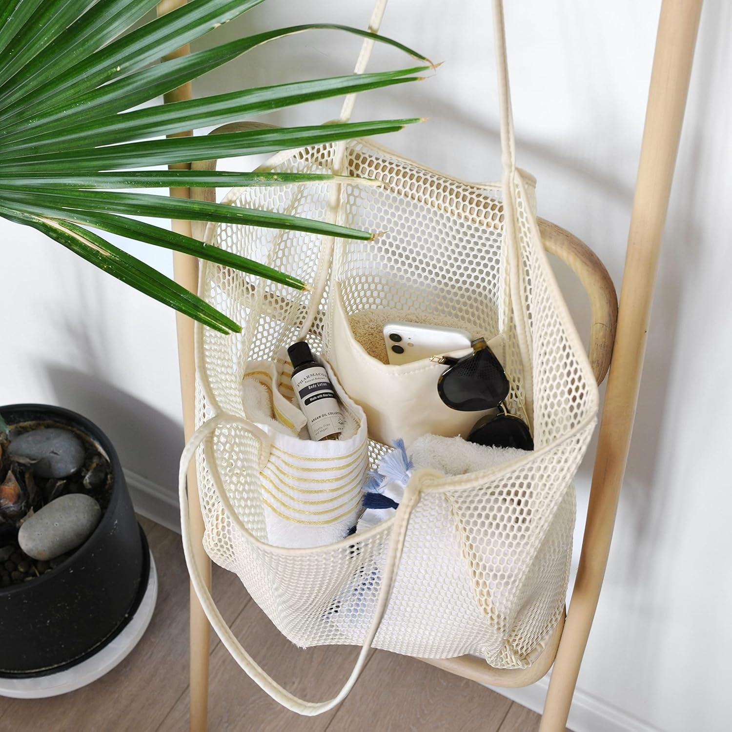 image:imageHOXIS Mesh Beach Tote Womens Shoulder HandbagCreambeige