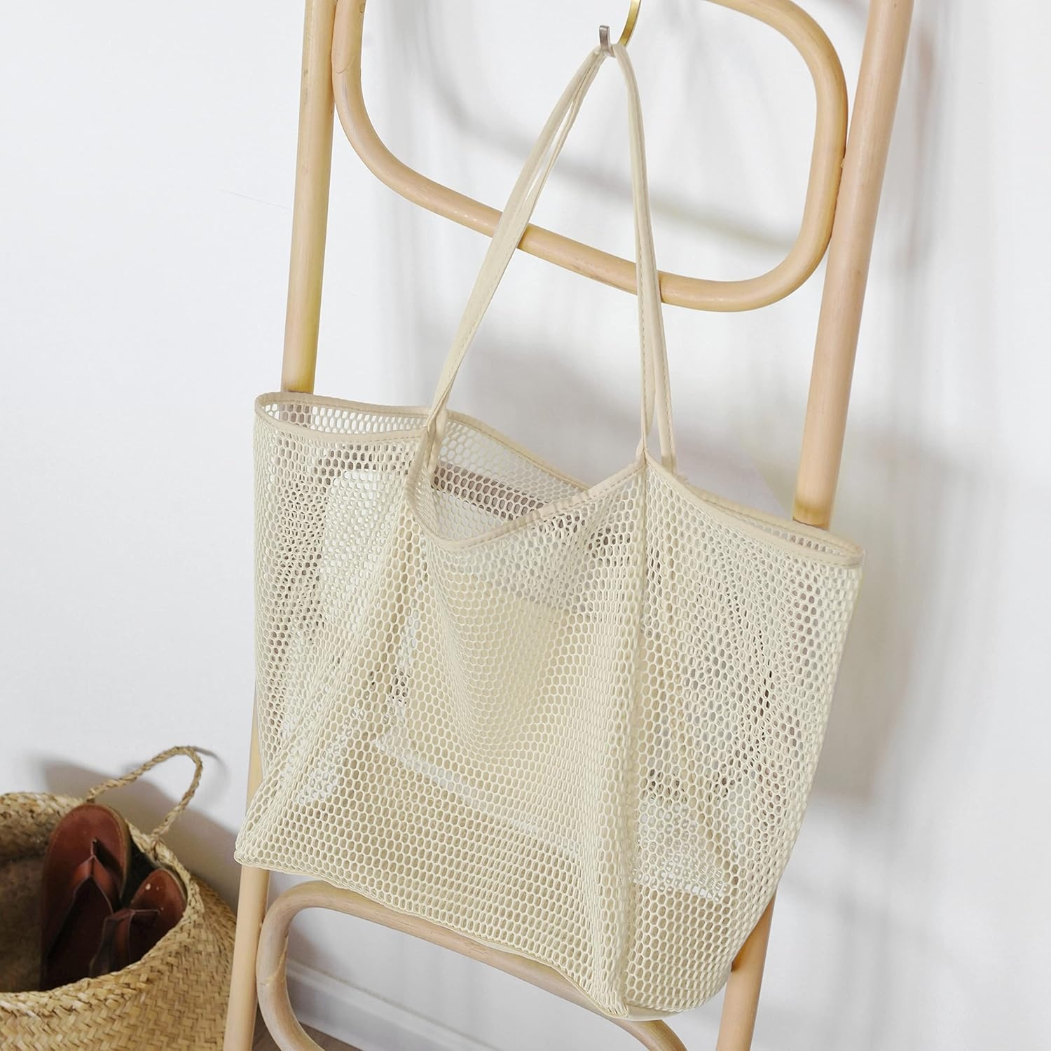image:imageHOXIS Mesh Beach Tote Womens Shoulder HandbagCreambeige