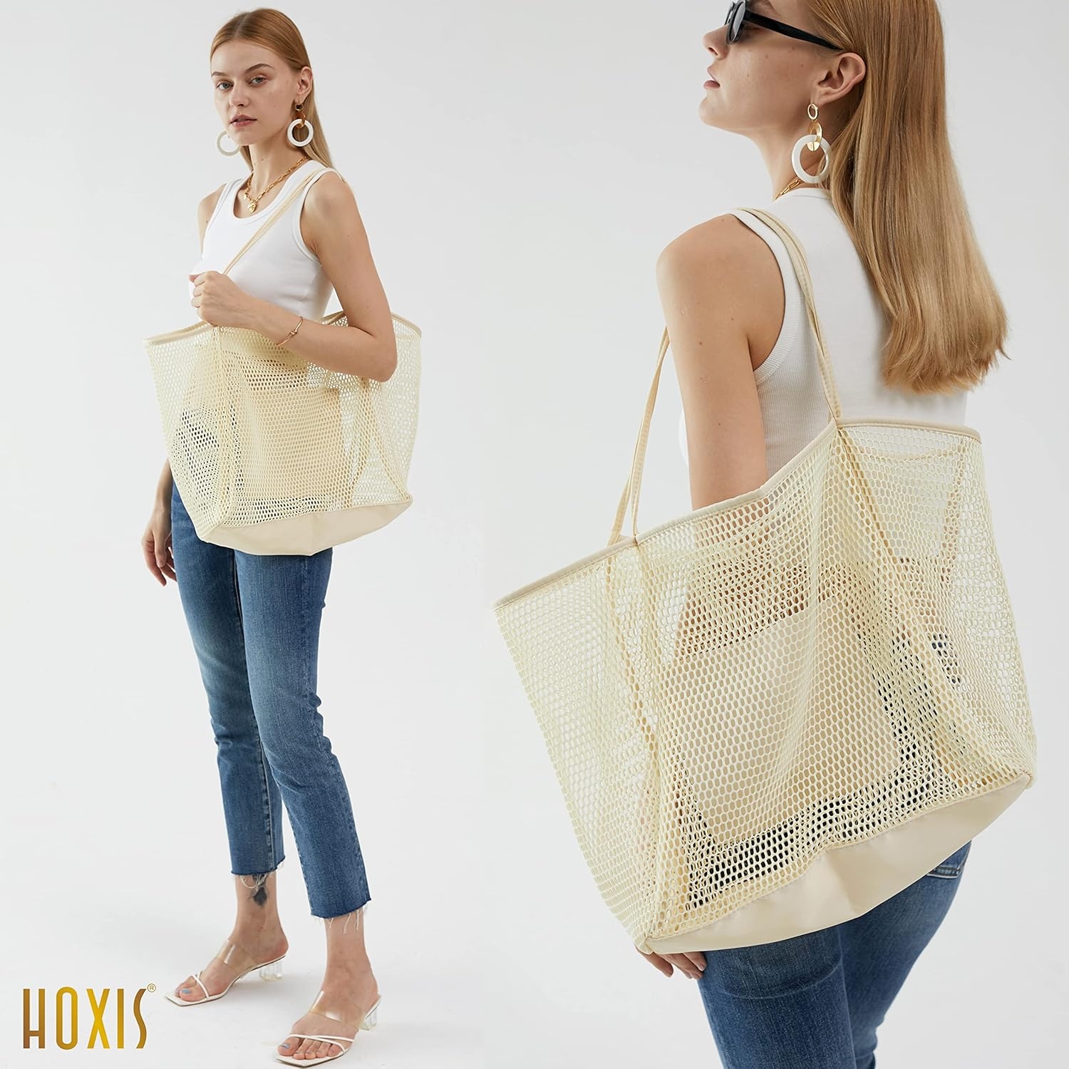 image:imageHOXIS Mesh Beach Tote Womens Shoulder HandbagCreambeige