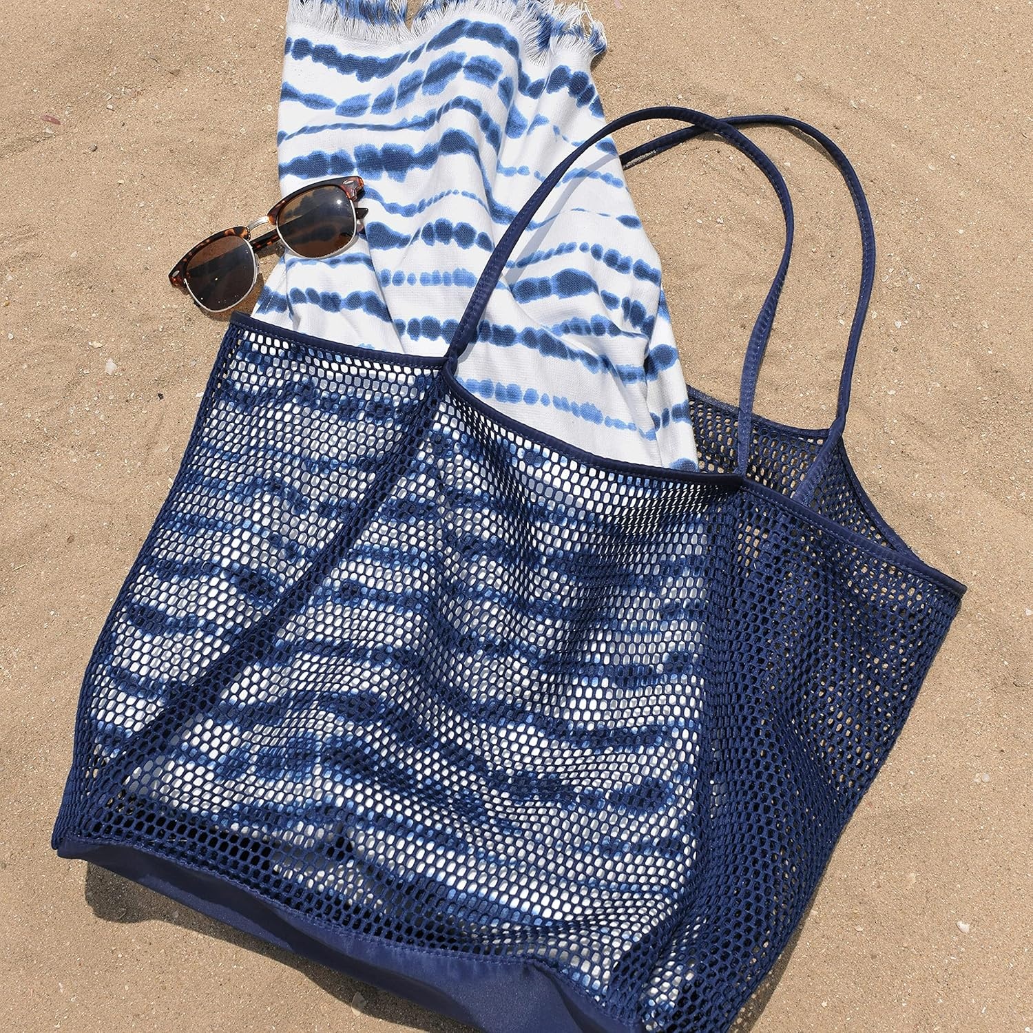 image:imageHOXIS Mesh Beach Tote Womens Shoulder HandbagDark Blue