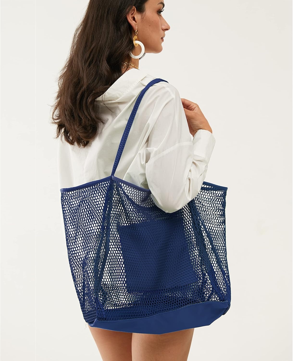 image:imageHOXIS Mesh Beach Tote Womens Shoulder HandbagDark Blue
