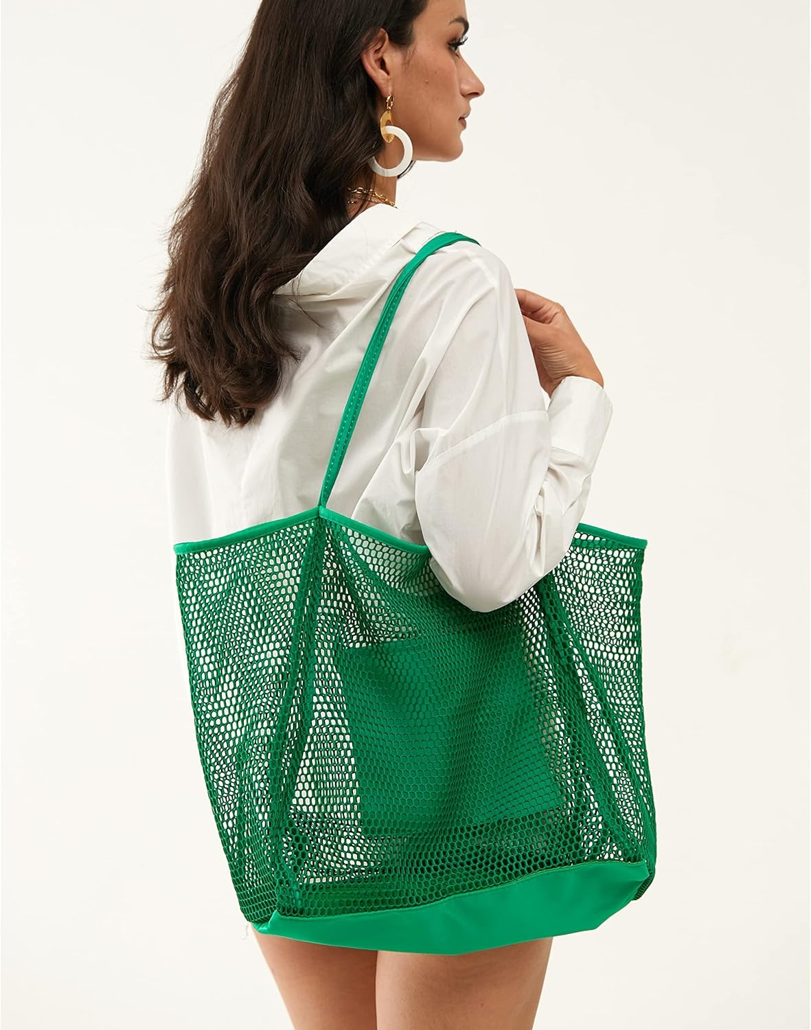 image:imageHOXIS Mesh Beach Tote Womens Shoulder HandbagGreen
