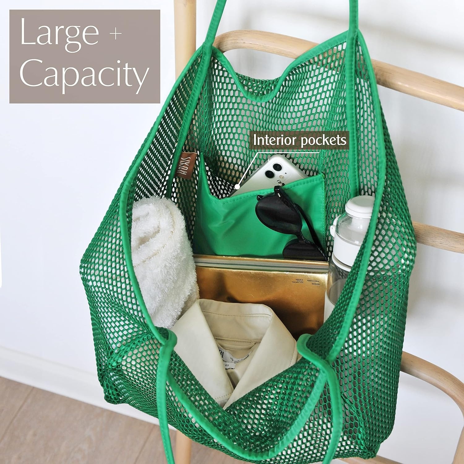 image:imageHOXIS Mesh Beach Tote Womens Shoulder HandbagGreen