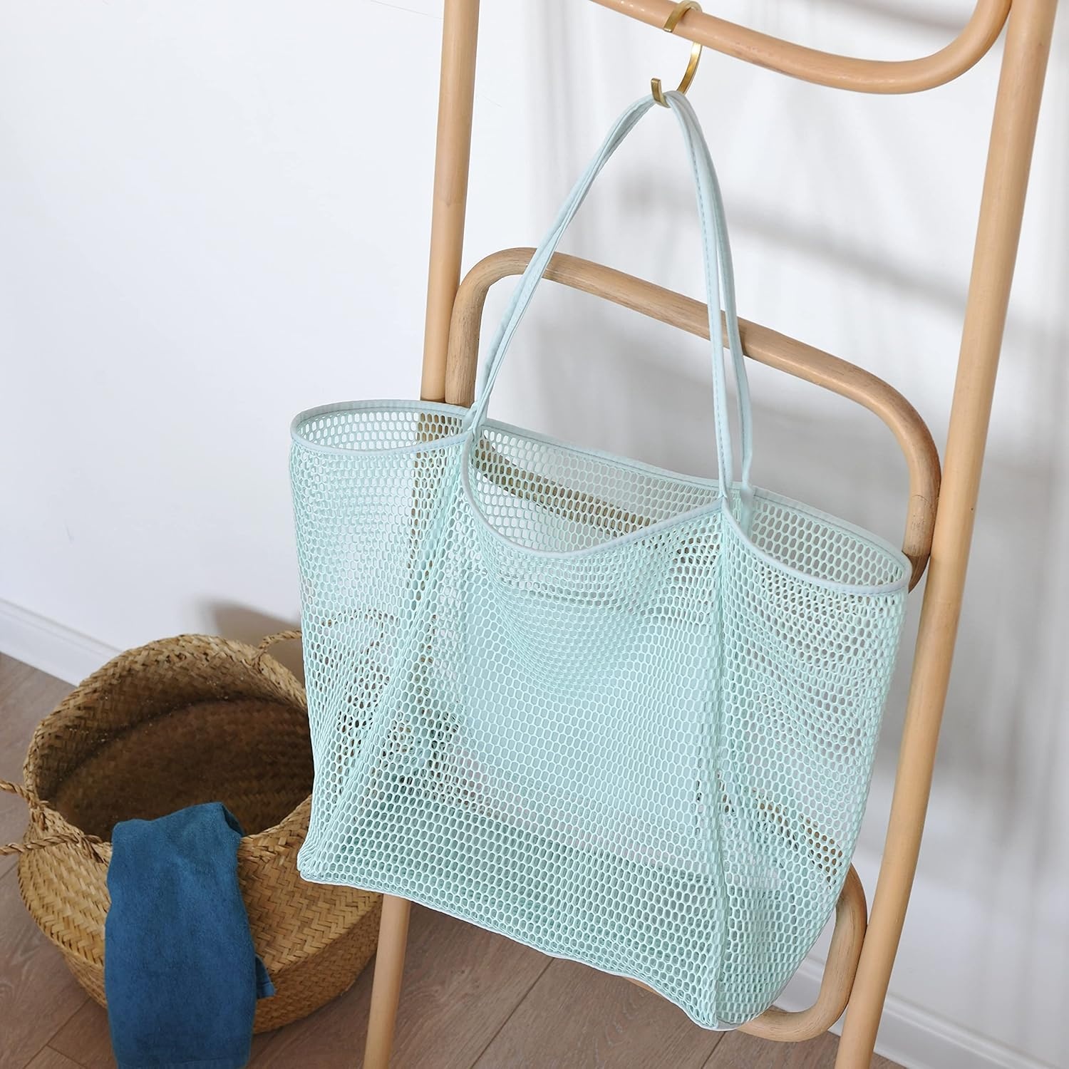 image:imageHOXIS Mesh Beach Tote Womens Shoulder HandbagIce Blue