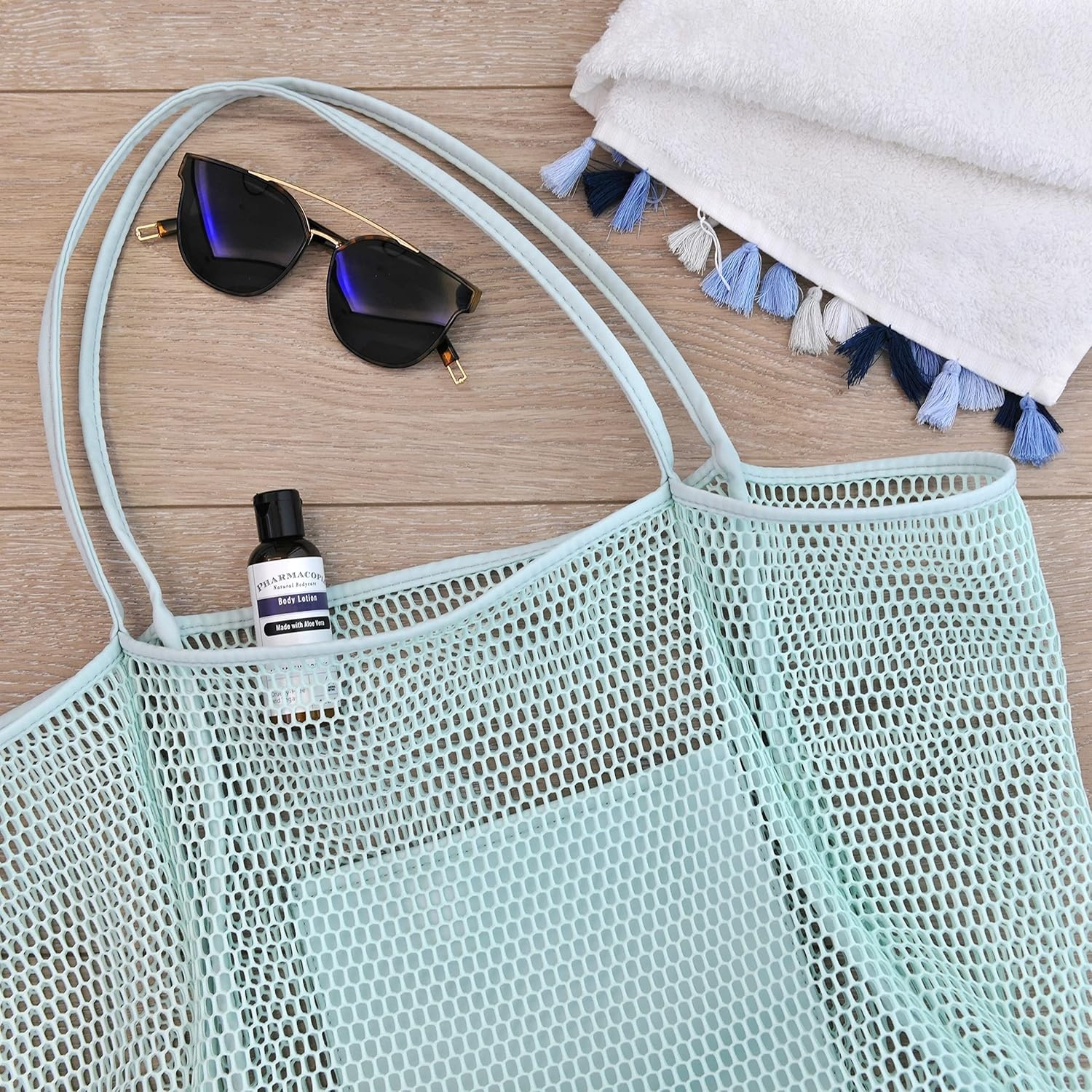 image:imageHOXIS Mesh Beach Tote Womens Shoulder HandbagIce Blue