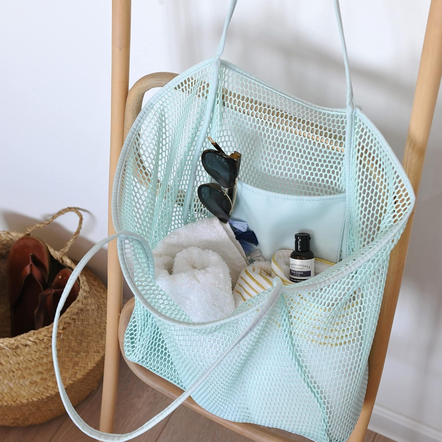 image:imageHOXIS Mesh Beach Tote Womens Shoulder HandbagIce Blue