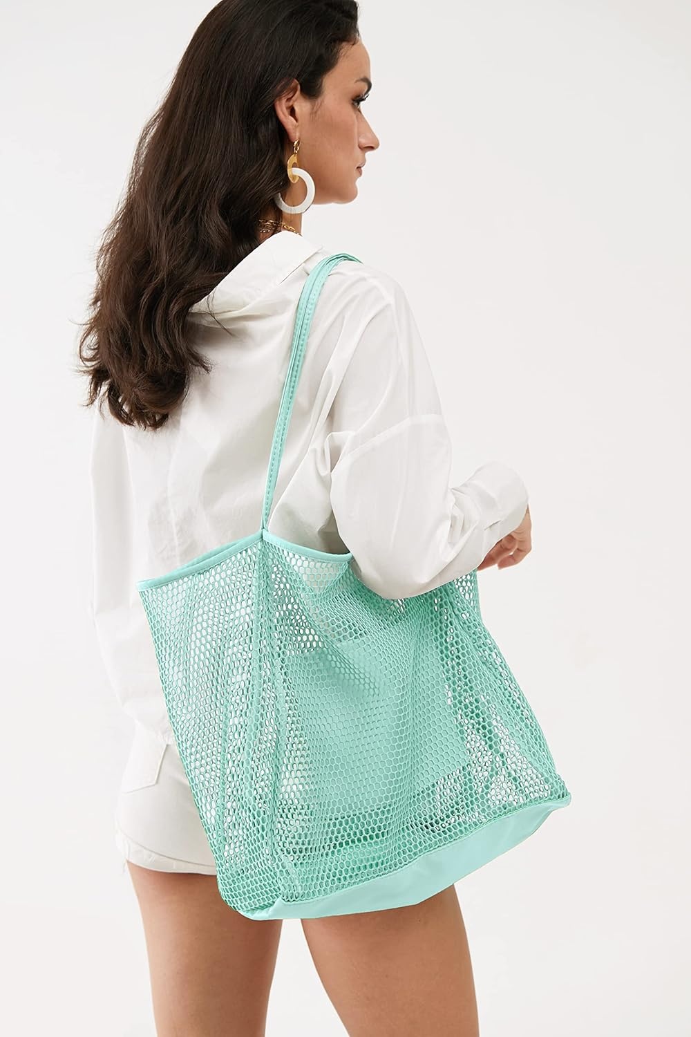 image:imageHOXIS Mesh Beach Tote Womens Shoulder HandbagIce Blue
