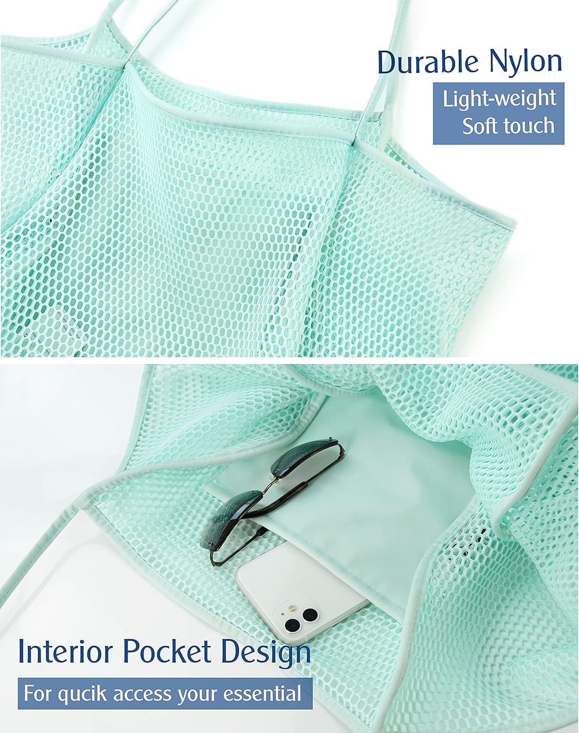 image:imageHOXIS Mesh Beach Tote Womens Shoulder HandbagIce Blue
