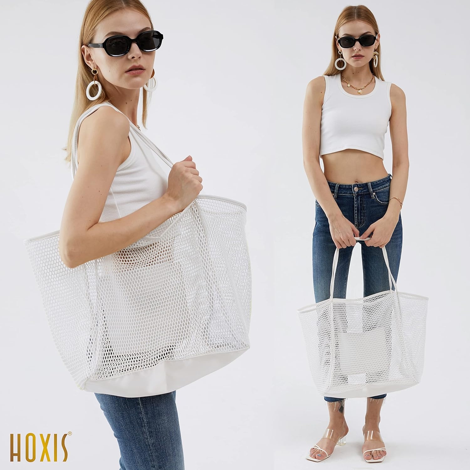 image:imageHOXIS Mesh Beach Tote Womens Shoulder HandbagNew White