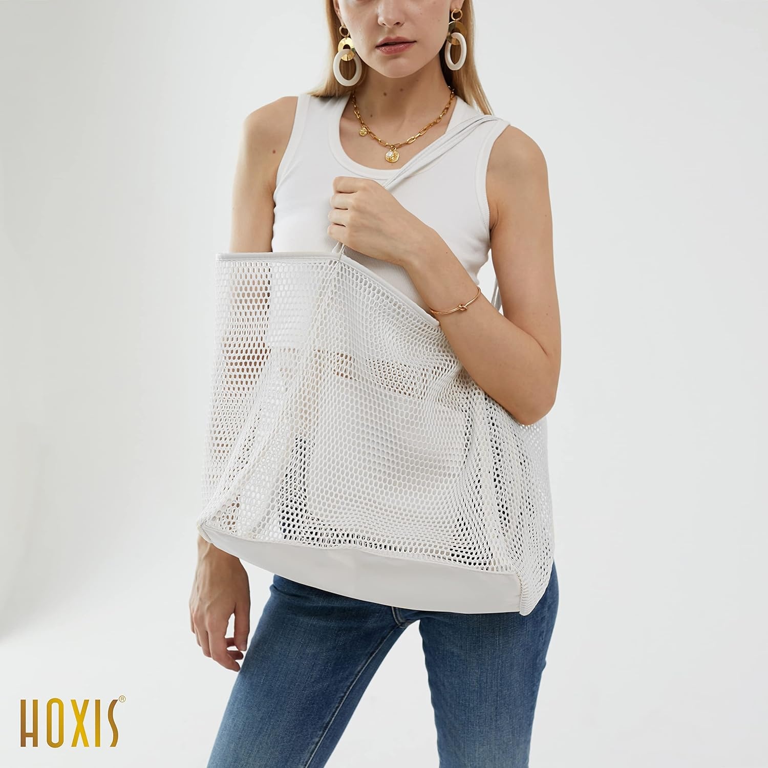 image:imageHOXIS Mesh Beach Tote Womens Shoulder HandbagNew White