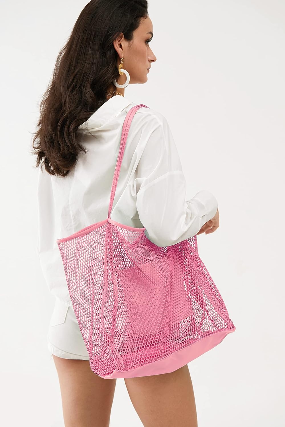 image:imageHOXIS Mesh Beach Tote Womens Shoulder HandbagPink