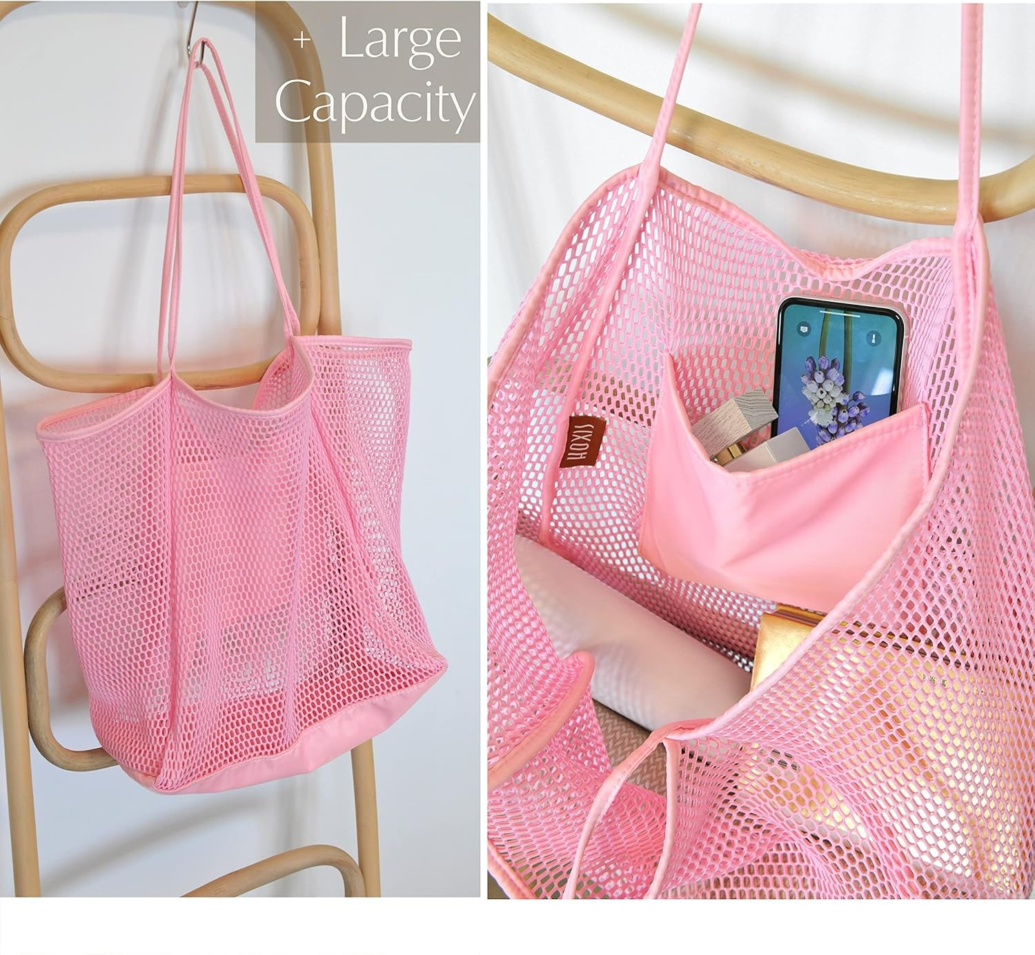 image:imageHOXIS Mesh Beach Tote Womens Shoulder HandbagPink