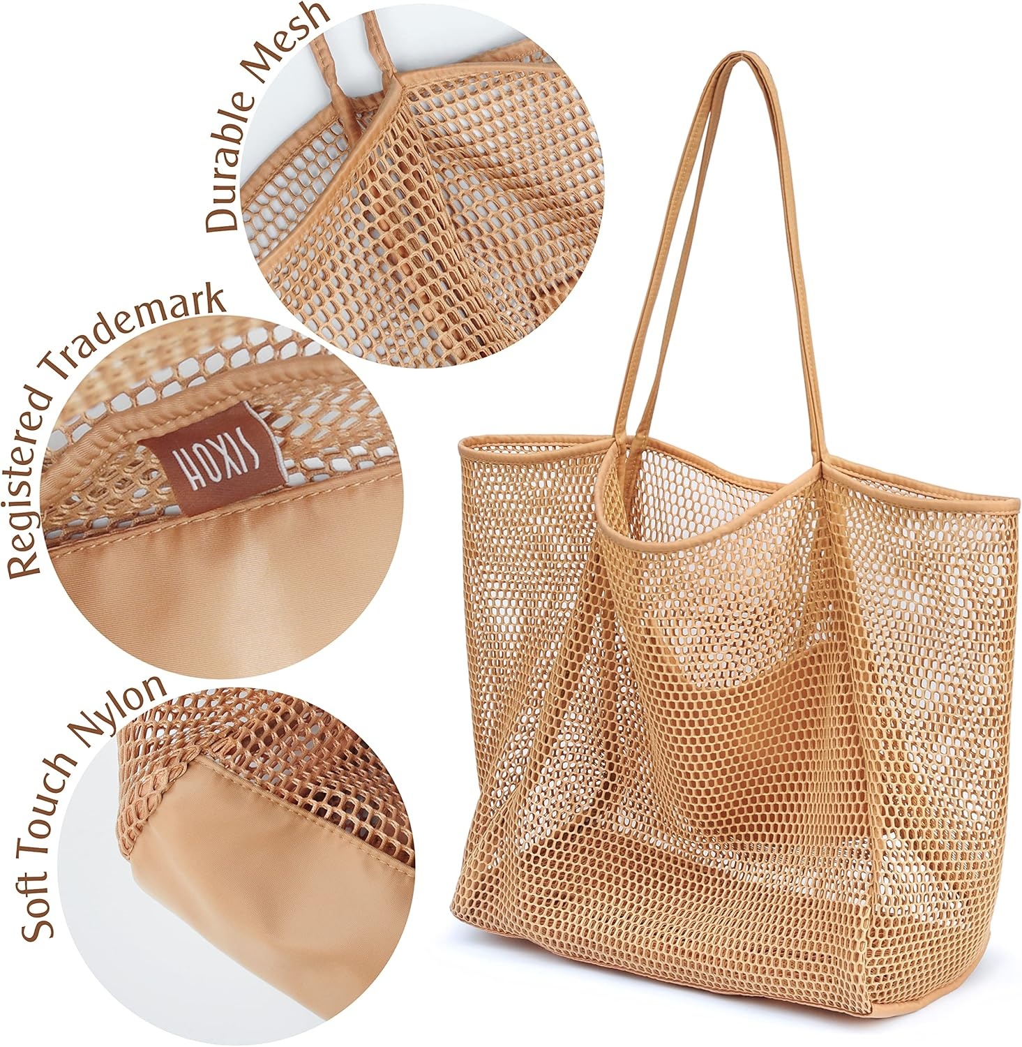 image:imageHOXIS Mesh Beach Tote Womens Shoulder HandbagTan