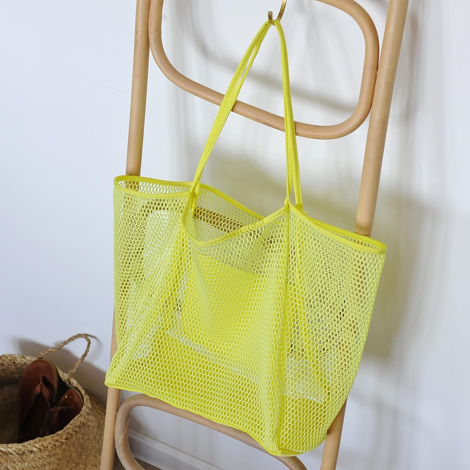 image:imageHOXIS Mesh Beach Tote Womens Shoulder HandbagYellow
