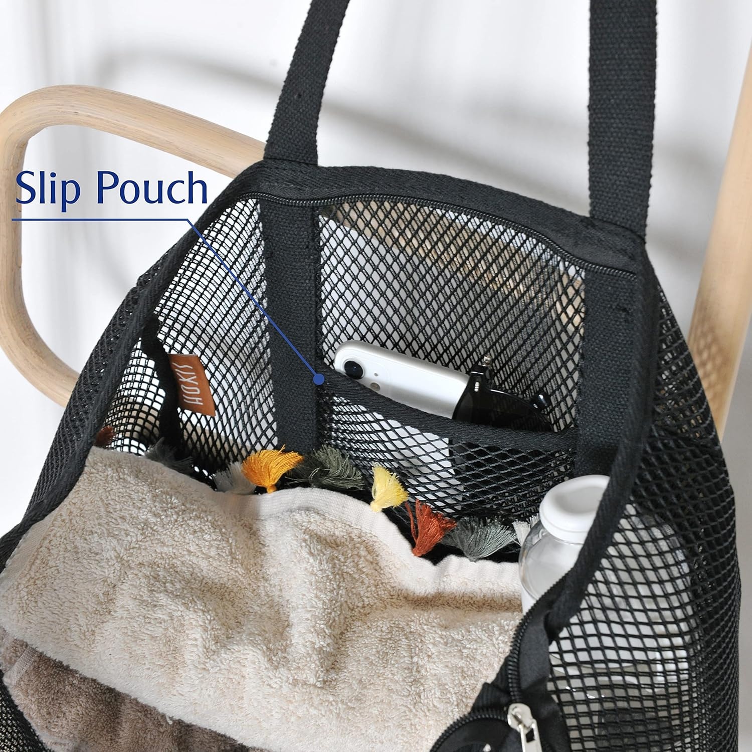 image:imageHOXIS Sandproof Mesh Beach Tote with Zipper Lightweight Beach Bags for Women with Inner Pocket