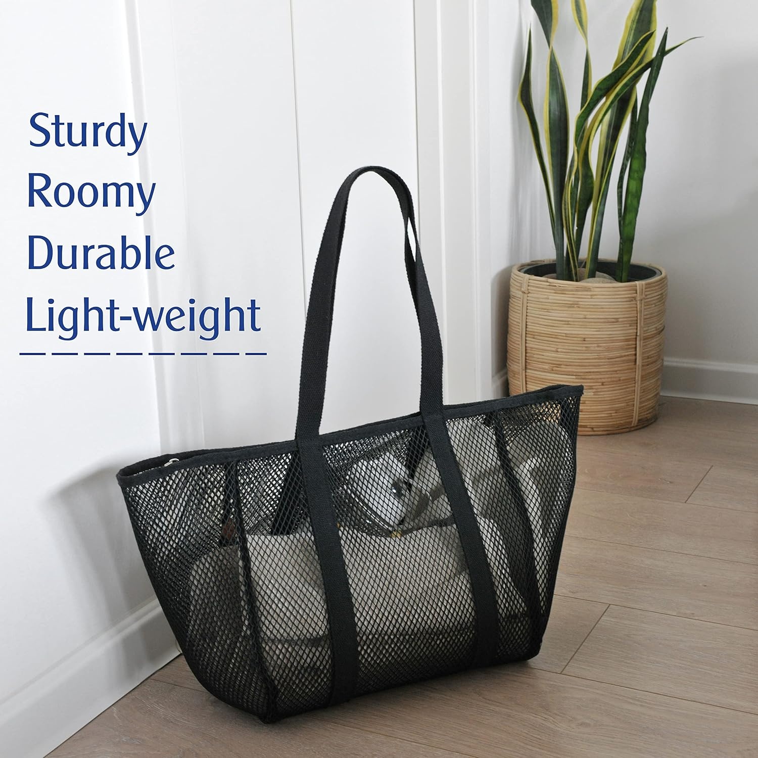 image:imageHOXIS Sandproof Mesh Beach Tote with Zipper Lightweight Beach Bags for Women with Inner Pocket