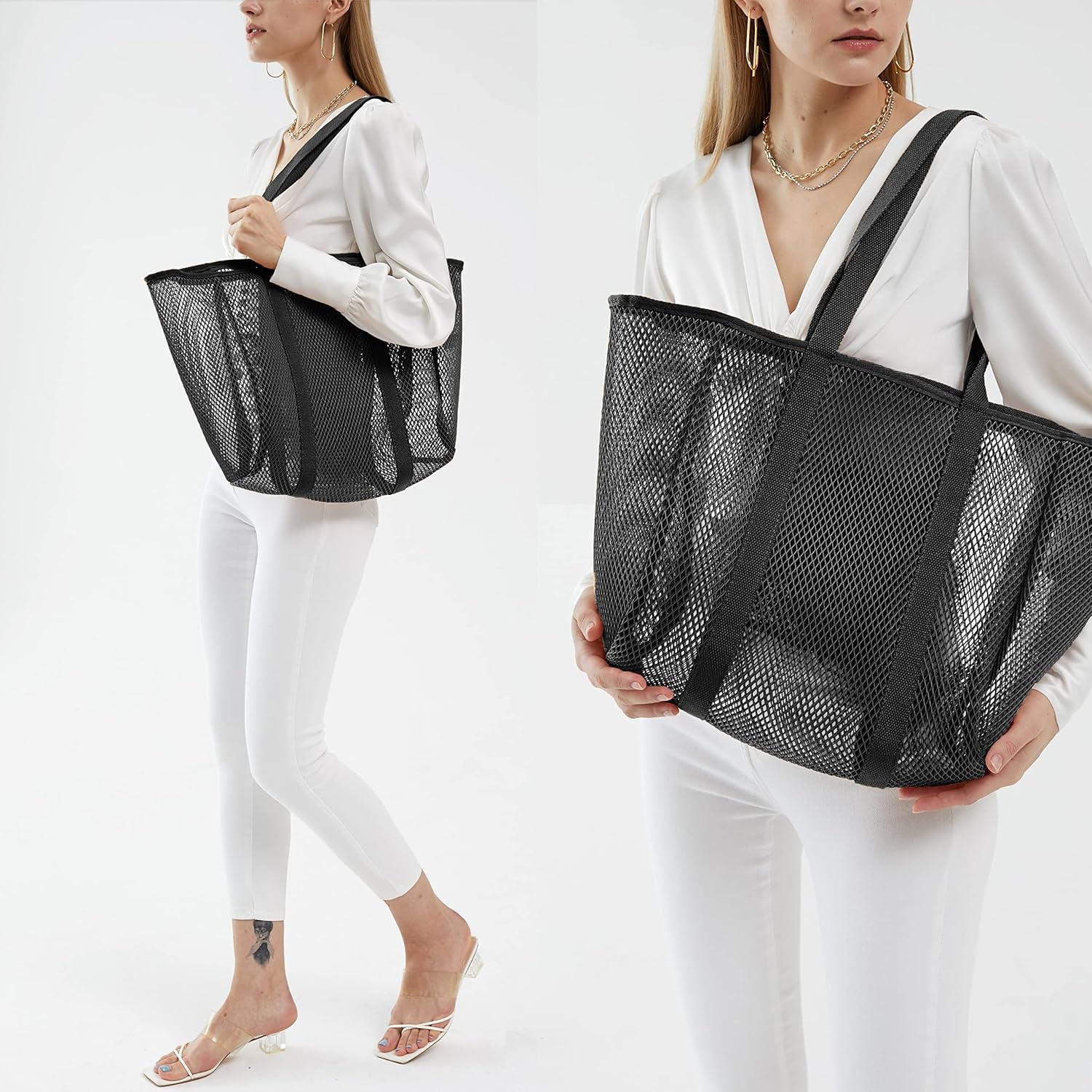 image:imageHOXIS Sandproof Mesh Beach Tote with Zipper Lightweight Beach Bags for Women with Inner Pocket