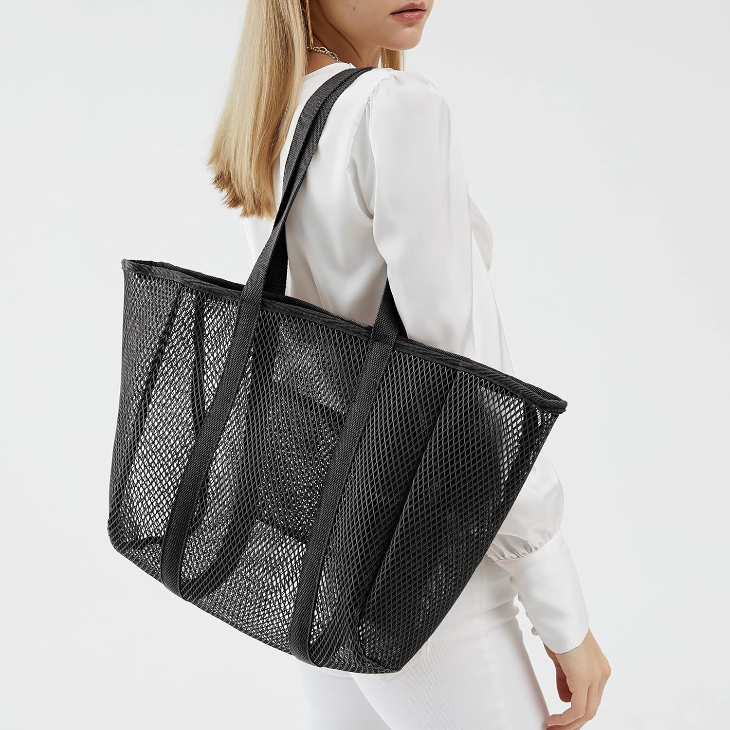 image:imageHOXIS Sandproof Mesh Beach Tote with Zipper Lightweight Beach Bags for Women with Inner Pocket