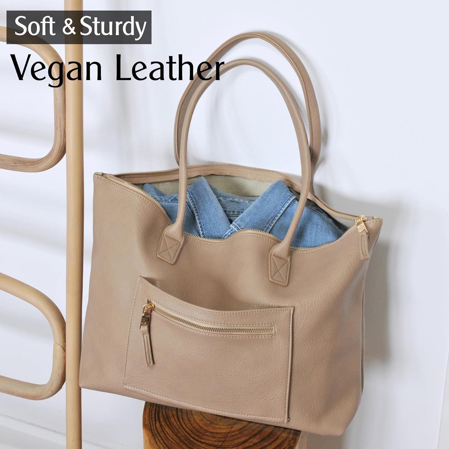 image:imageHOXIS Tote Bag for Women with Zipper Vegan Leather Handbag with Trolley Sleeve Travel Weekender Carryall BagNude