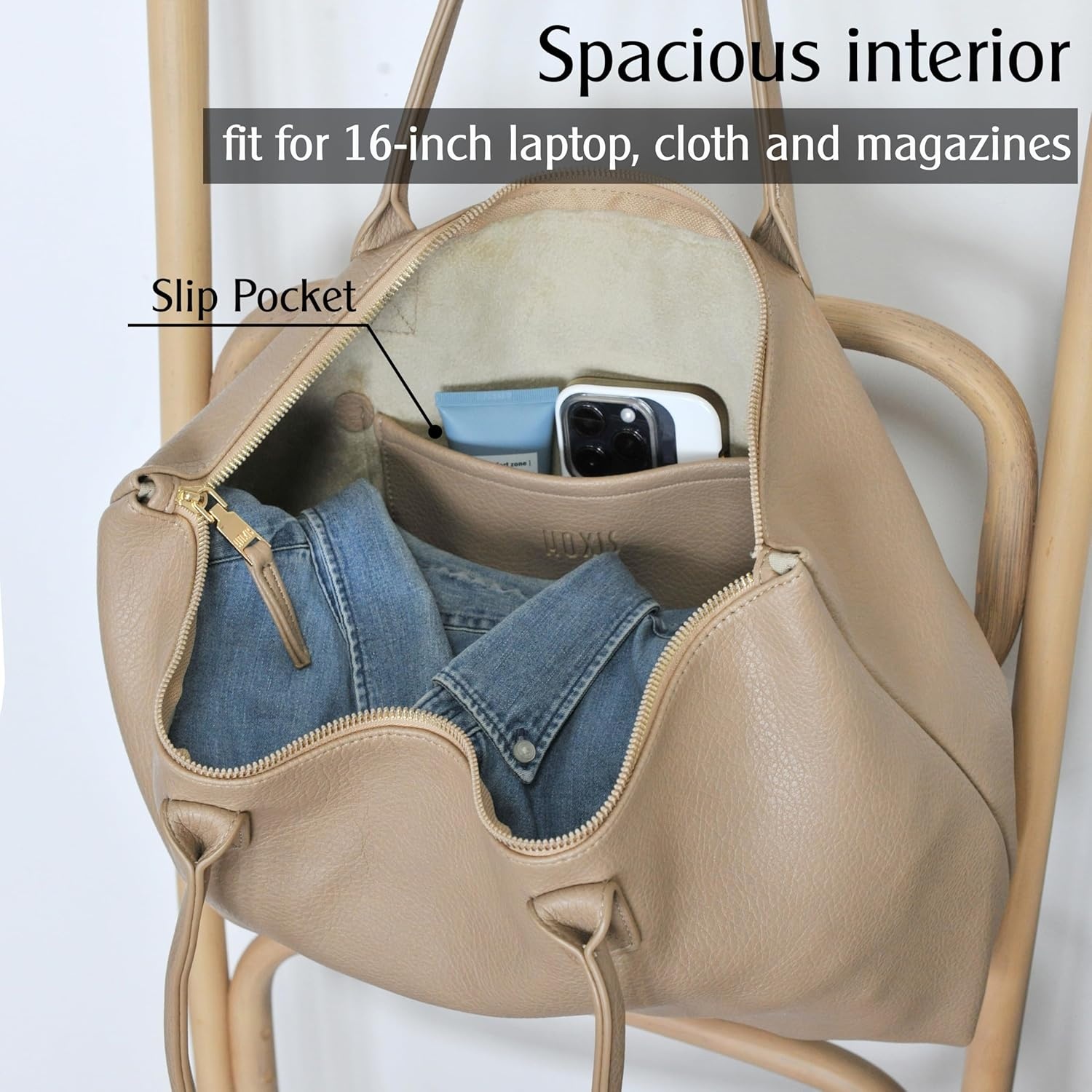 image:imageHOXIS Tote Bag for Women with Zipper Vegan Leather Handbag with Trolley Sleeve Travel Weekender Carryall BagNude