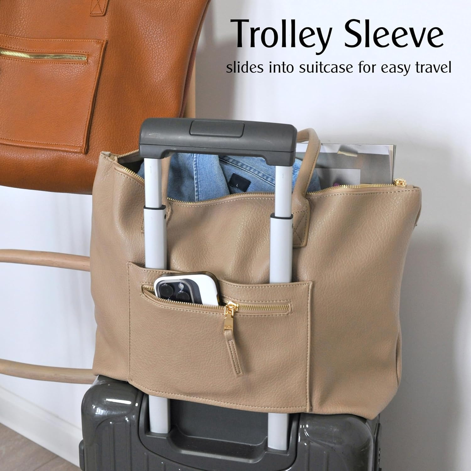 image:imageHOXIS Tote Bag for Women with Zipper Vegan Leather Handbag with Trolley Sleeve Travel Weekender Carryall BagNude