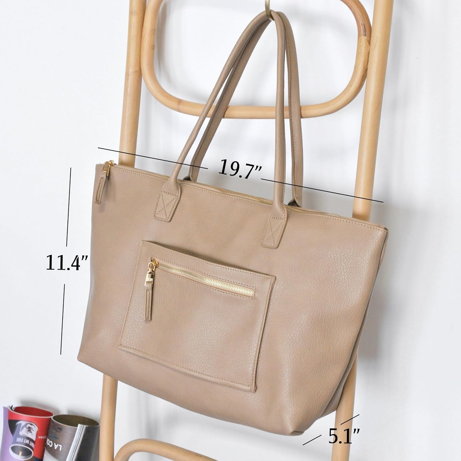 image:imageHOXIS Tote Bag for Women with Zipper Vegan Leather Handbag with Trolley Sleeve Travel Weekender Carryall BagNude
