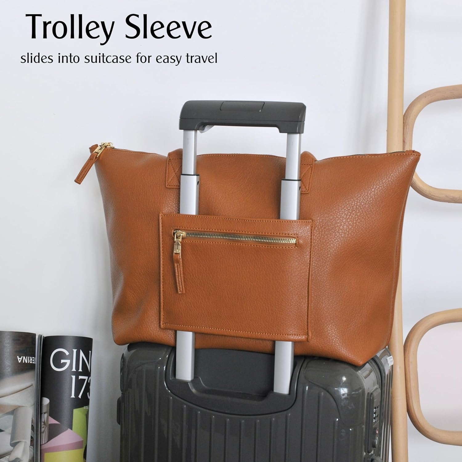 image:imageHOXIS Tote Bag for Women with Zipper Vegan Leather Handbag with Trolley Sleeve Travel Weekender Carryall BagOrangebrown