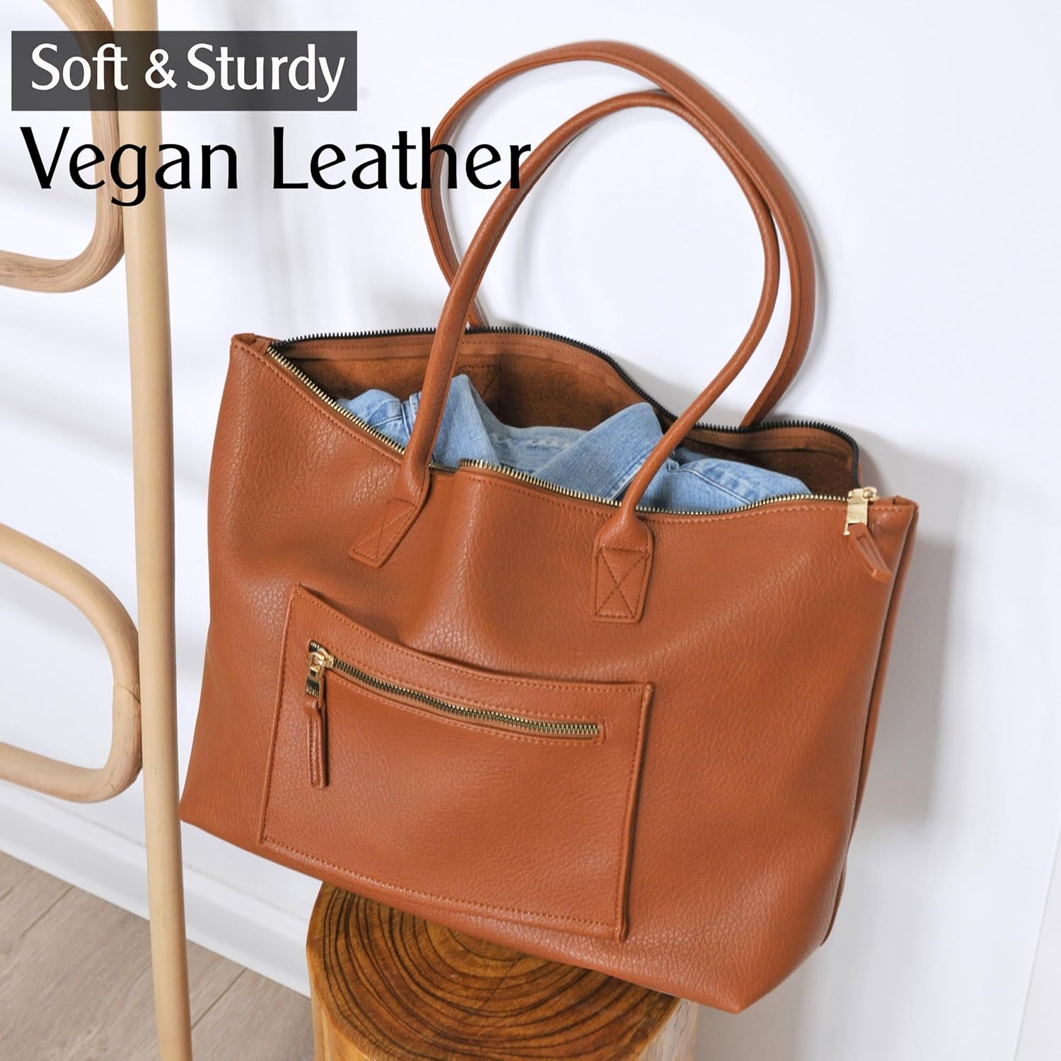 image:imageHOXIS Tote Bag for Women with Zipper Vegan Leather Handbag with Trolley Sleeve Travel Weekender Carryall BagOrangebrown