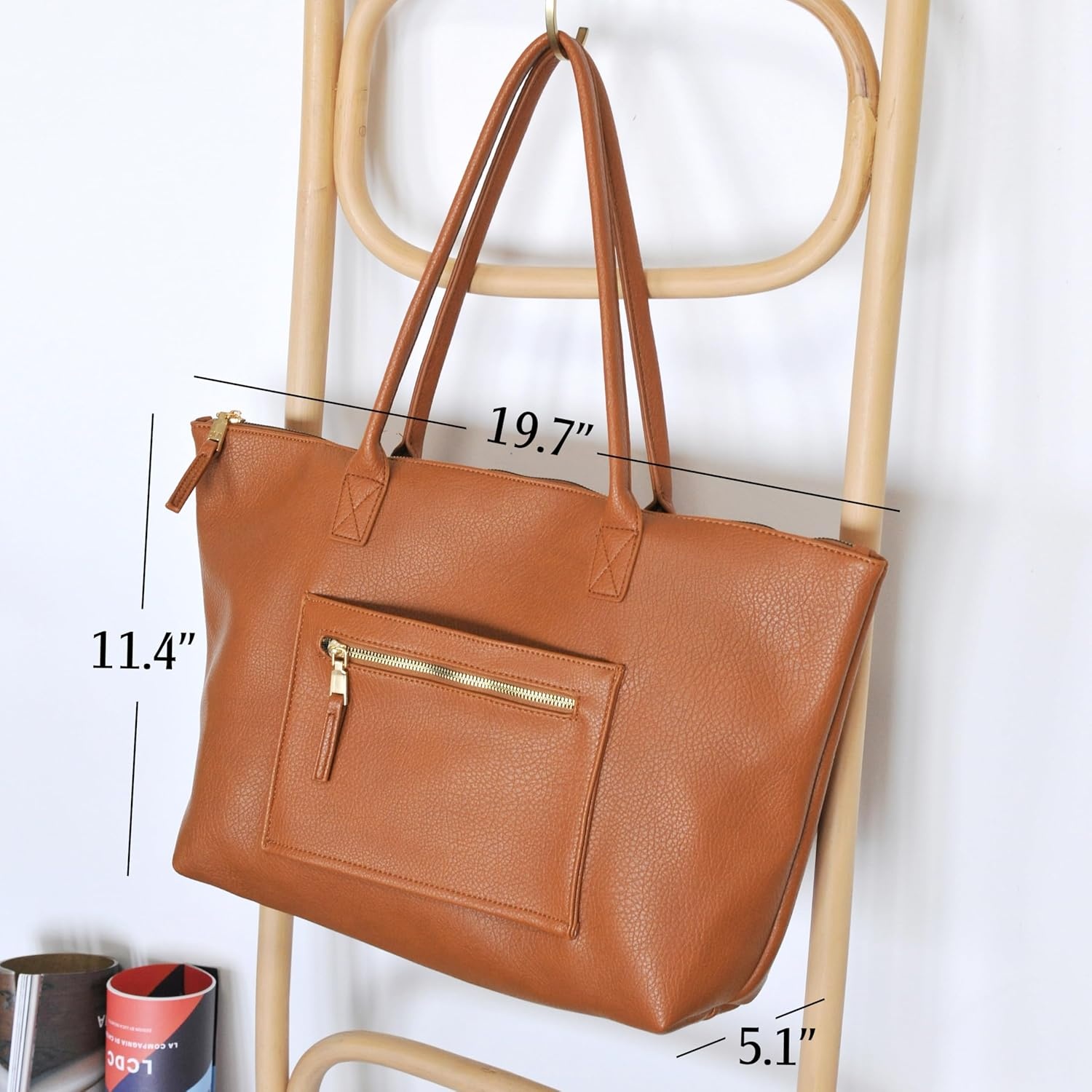 image:imageHOXIS Tote Bag for Women with Zipper Vegan Leather Handbag with Trolley Sleeve Travel Weekender Carryall BagOrangebrown