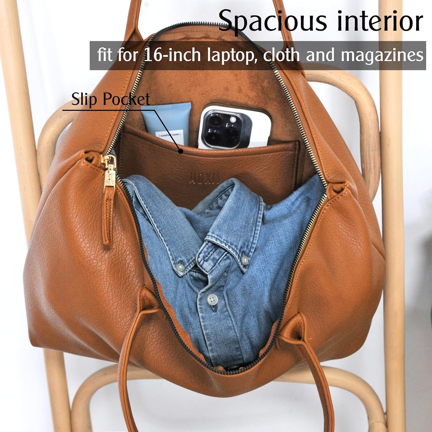 image:imageHOXIS Tote Bag for Women with Zipper Vegan Leather Handbag with Trolley Sleeve Travel Weekender Carryall BagOrangebrown