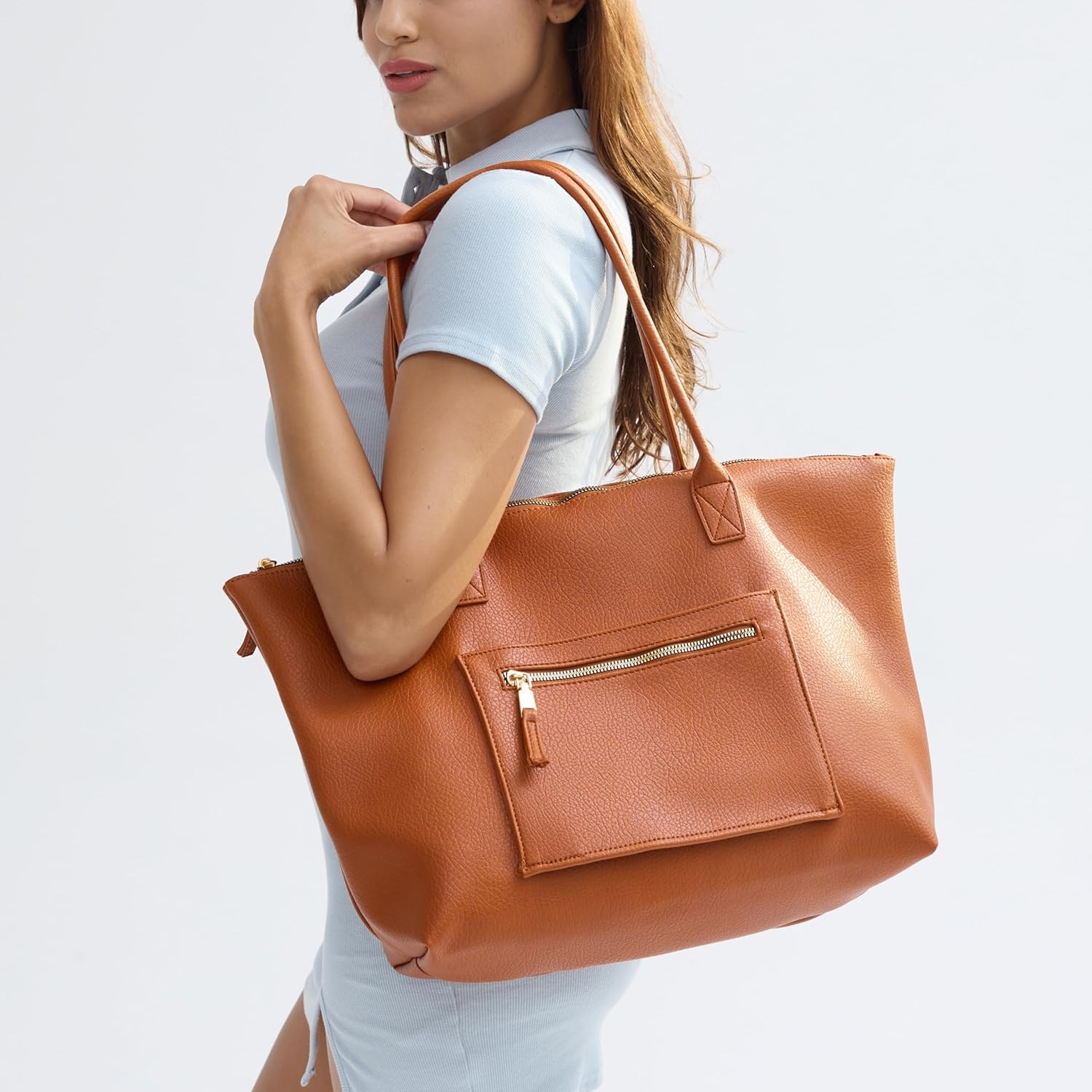image:imageHOXIS Tote Bag for Women with Zipper Vegan Leather Handbag with Trolley Sleeve Travel Weekender Carryall BagOrangebrown