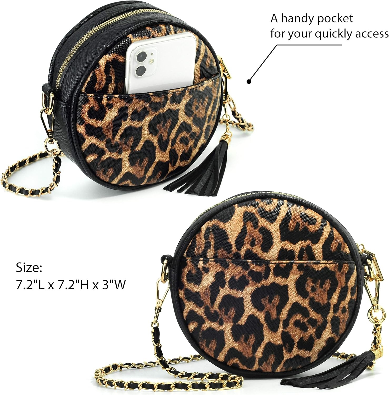 image:imageHOXIS Women Round Crossbody Bag Tassel Circle Purse Chain Shoulder Handbag Clutch WristletLeopard