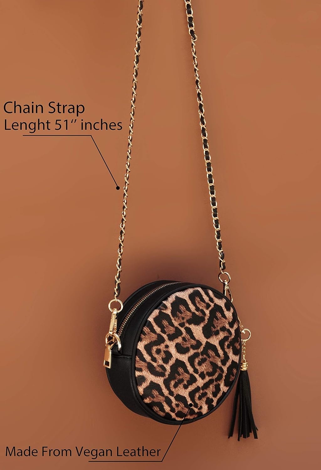 image:imageHOXIS Women Round Crossbody Bag Tassel Circle Purse Chain Shoulder Handbag Clutch WristletLeopard
