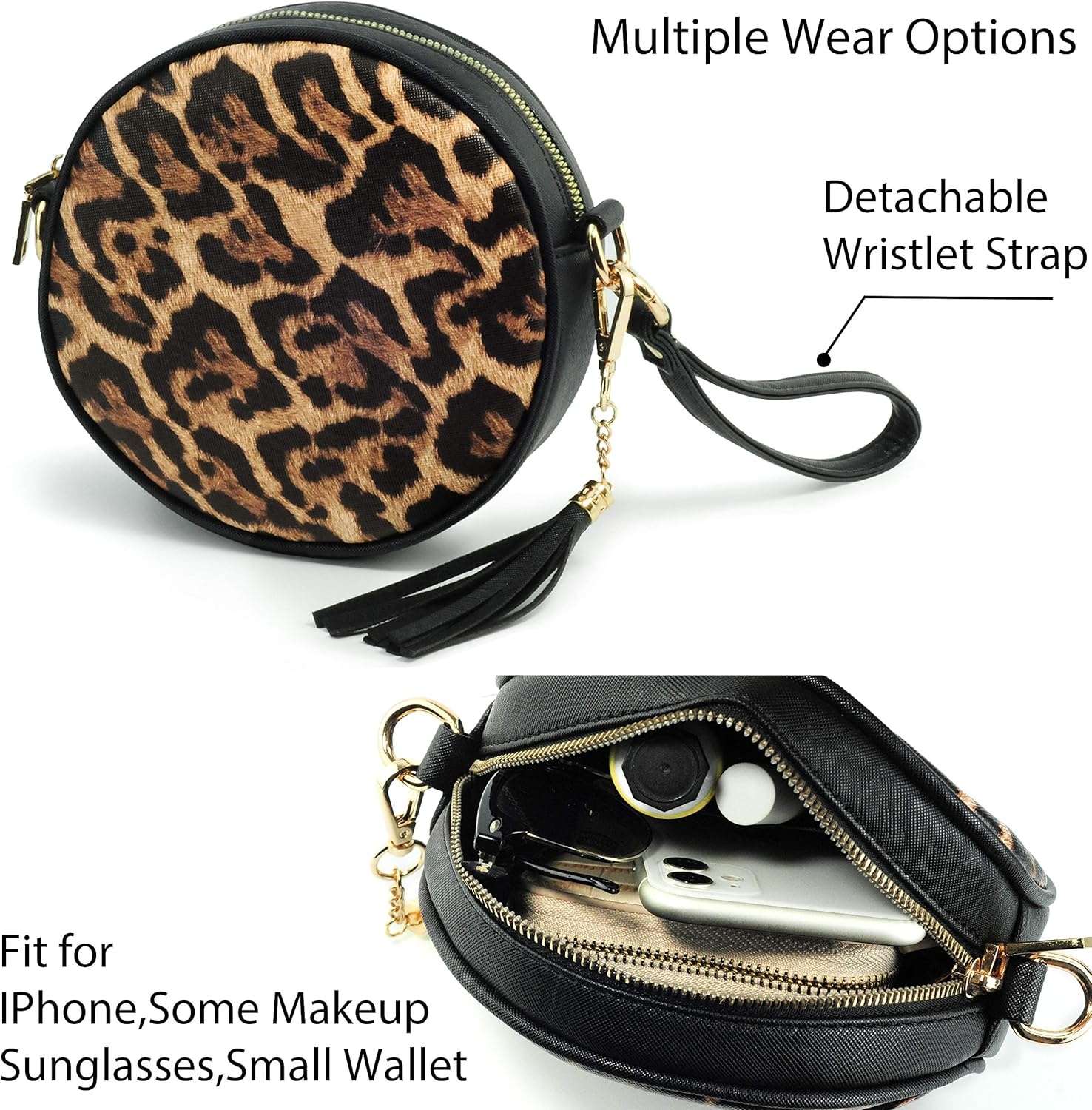 image:imageHOXIS Women Round Crossbody Bag Tassel Circle Purse Chain Shoulder Handbag Clutch WristletLeopard