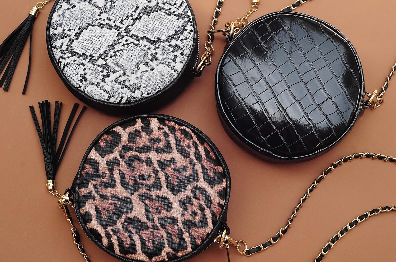 image:imageHOXIS Women Round Crossbody Bag Tassel Circle Purse Chain Shoulder Handbag Clutch WristletLeopard